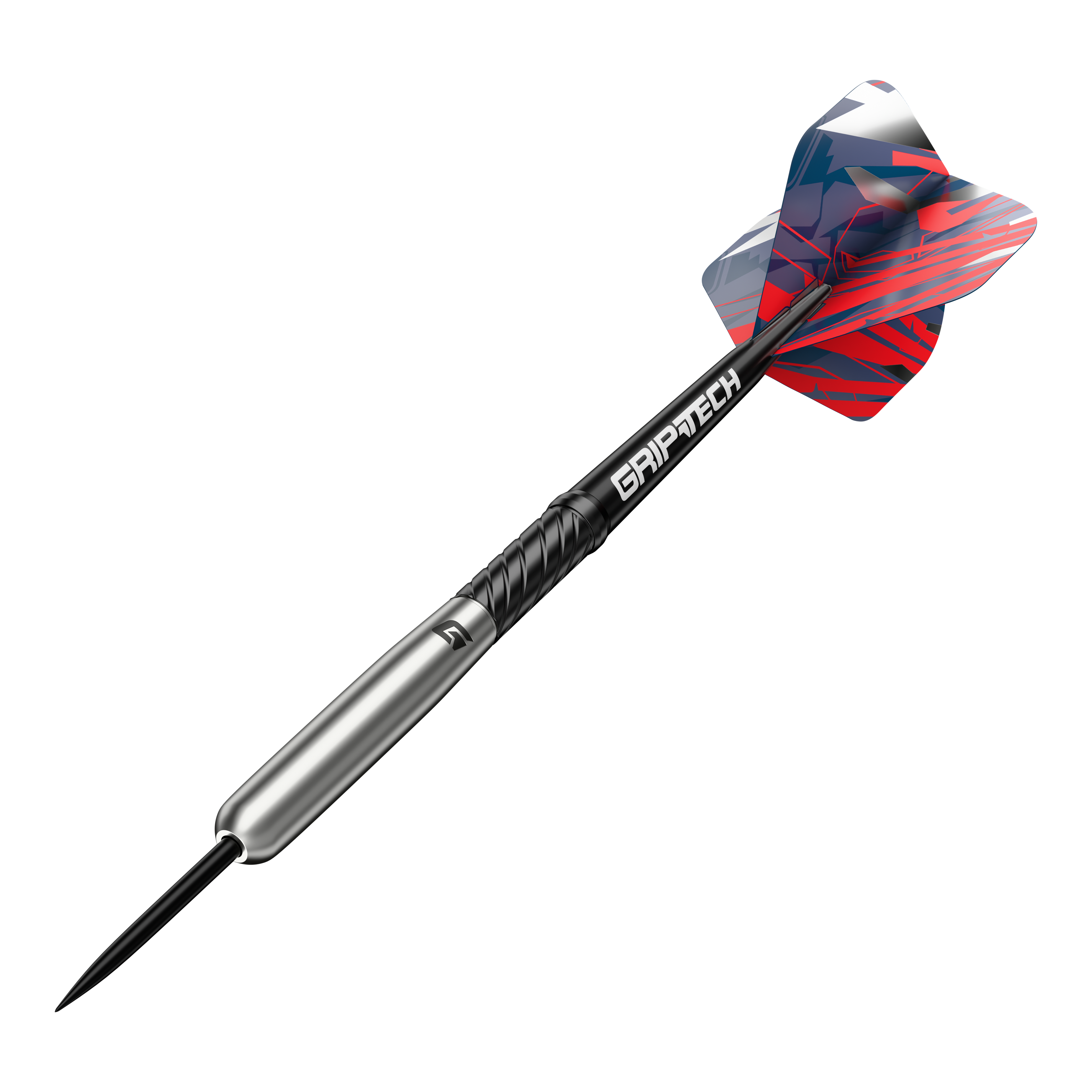 Fléchettes en acier tungstène GOAT Homerun Baseball Das Bild zeigt einen GOAT Homerun Baseball Tungsten Steeldart mit farbigem Flight und schwarzem Schaft. Der Dart hat einen silbernen Körper und trägt die Aufschrift "GRIPTECH".