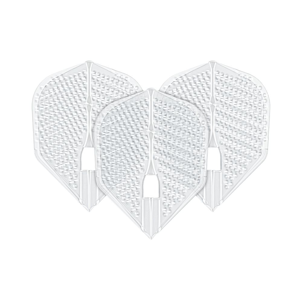 Vols de style L Dimple Champagne Forme L3PRO Das Bild zeigt drei transparente Darts-Flights in L3PRO Form mit Dimple-Oberfläche. Es handelt sich um das Produkt "L-Style Flights Dimple Champagne L3PRO Shape".