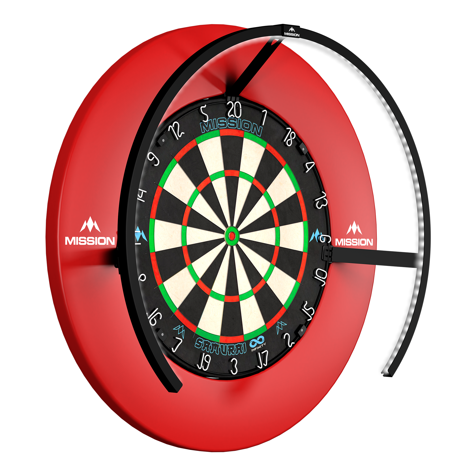 Éclairage LED pour cible de fléchettes Mission Torus 270 - Noir Zu sehen ist die Mission Torus 270 LED Dartboard Beleuchtung in Schwarz. Diese Beleuchtung verbessert die Sichtbarkeit beim Dartspielen.