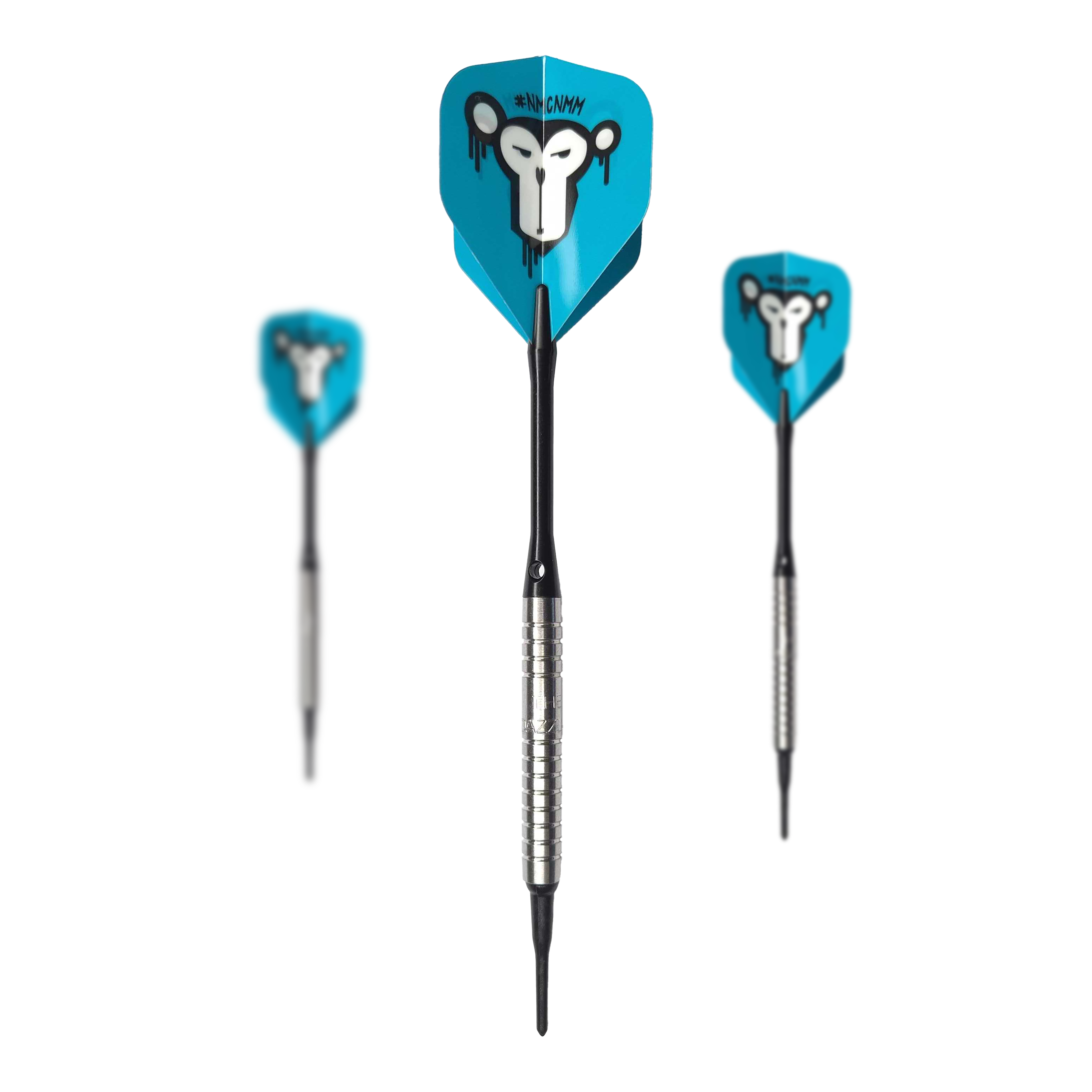 Fléchettes souples McDart 85 tungstène V15 - 16,5 g Das Bild zeigt drei Softdarts des Modells "McDart 85er Tungsten V15" mit einem Gewicht von 16,5g. Die Flights sind blau und haben ein auffälliges Affengesicht als Motiv.