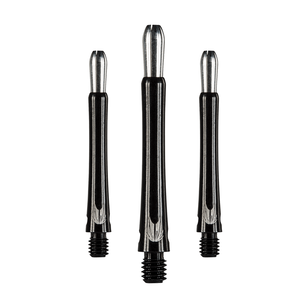 146220_Target_Grip_Style_Aluminium_Shafts_Schwarz_408mm_1 Das Bild zeigt drei schwarze Aluminium-Dartschäfte mit silbernen Details. Sie stehen aufrecht nebeneinander und haben ein modernes, schlankes Design.