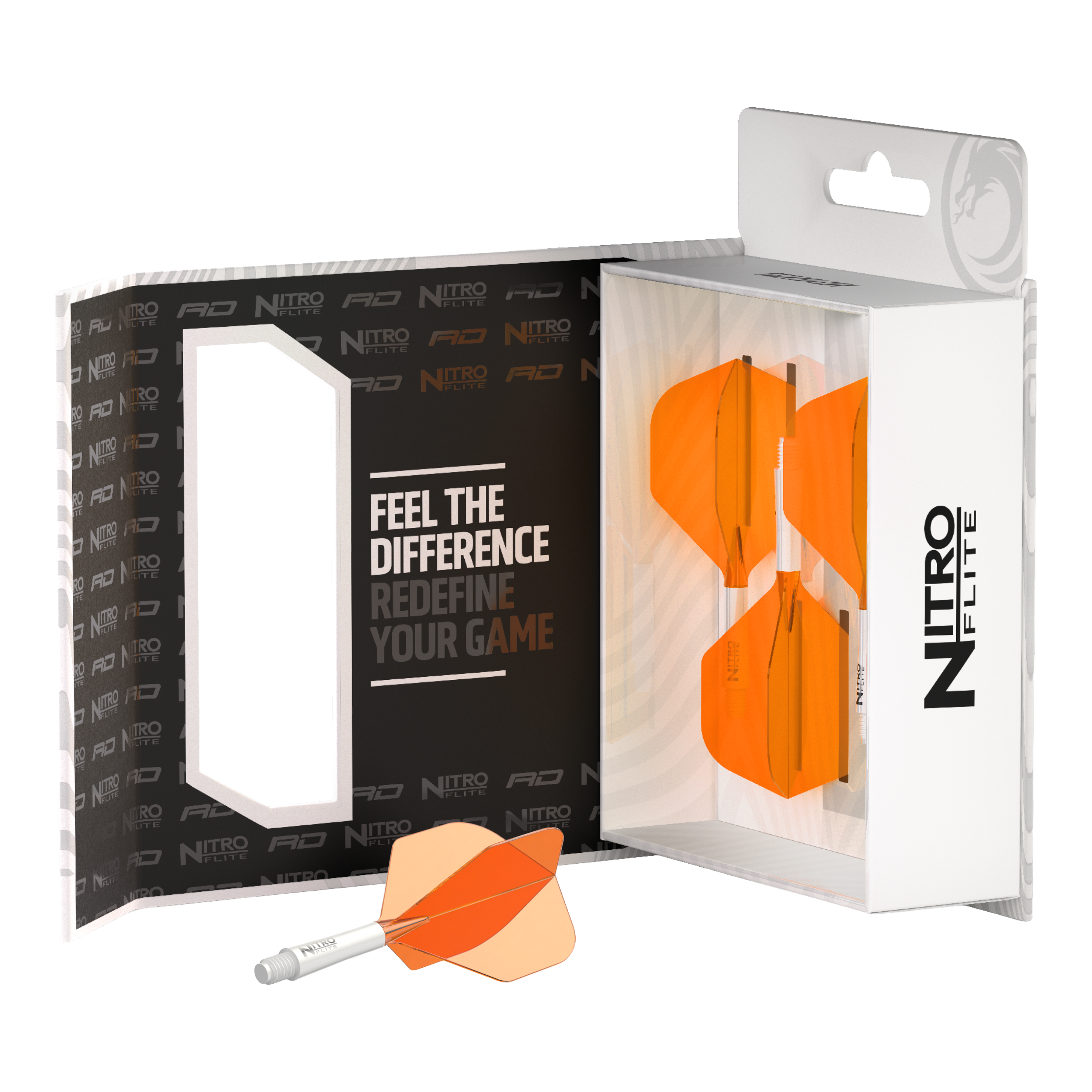Ailettes Red Dragon Nitroflite à tige blanche et ailettes orange n° 2 Abgebildet ist der Red Dragon Nitroflite White Shaft Orange Flights No2. Der Dart-Schaft ist weiß und die Flights sind orange.