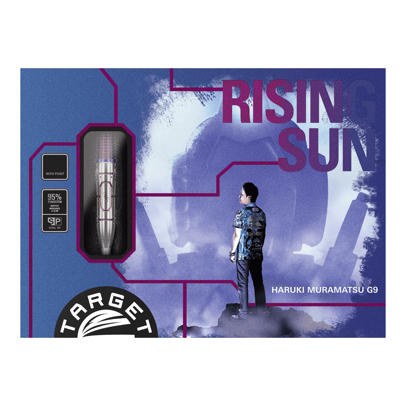 Target Japan Haruki Muramatsu Rising Sun GEN9 Steeldarts - 23 g Die Abbildung zeigt die Verpackung der "Target Japan Haruki Muramatsu Rising Sun GEN9 Steeldarts - 23g". Auf der Packung sind ein Dartpfeil, das Logo von Target und ein Mann im Profil sowie der Schriftzug "Rising Sun" zu sehen.