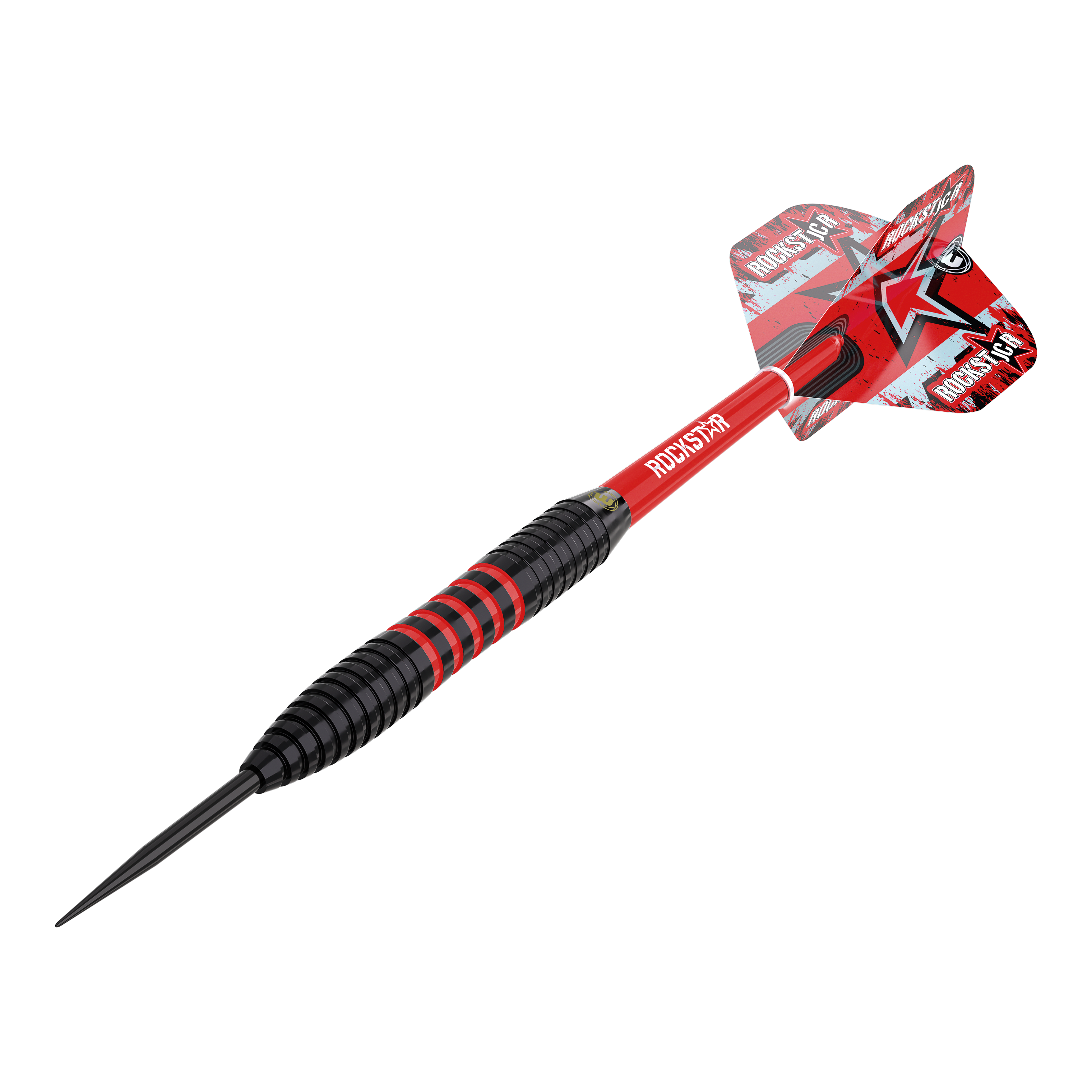 Fléchettes en acier Winmau Joe Cullen en laiton - 20 g Das Bild zeigt einen Winmau Joe Cullen Brass Steeldart mit einem Gewicht von 20g. Der Dart ist schwarz und rot, mit einer auffälligen roten Flights und dem Schriftzug "ROCKSTAR".