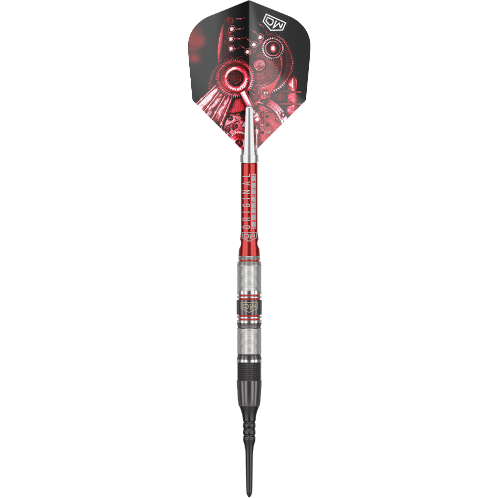 Fléchettes souples DW Piranha Razor 02 Das Bild zeigt den Softdart "DW Piranha Razor 02". Der Dart hat ein silber-rotes Barrel und auffällige Flights mit einem Zahnrad-Design.