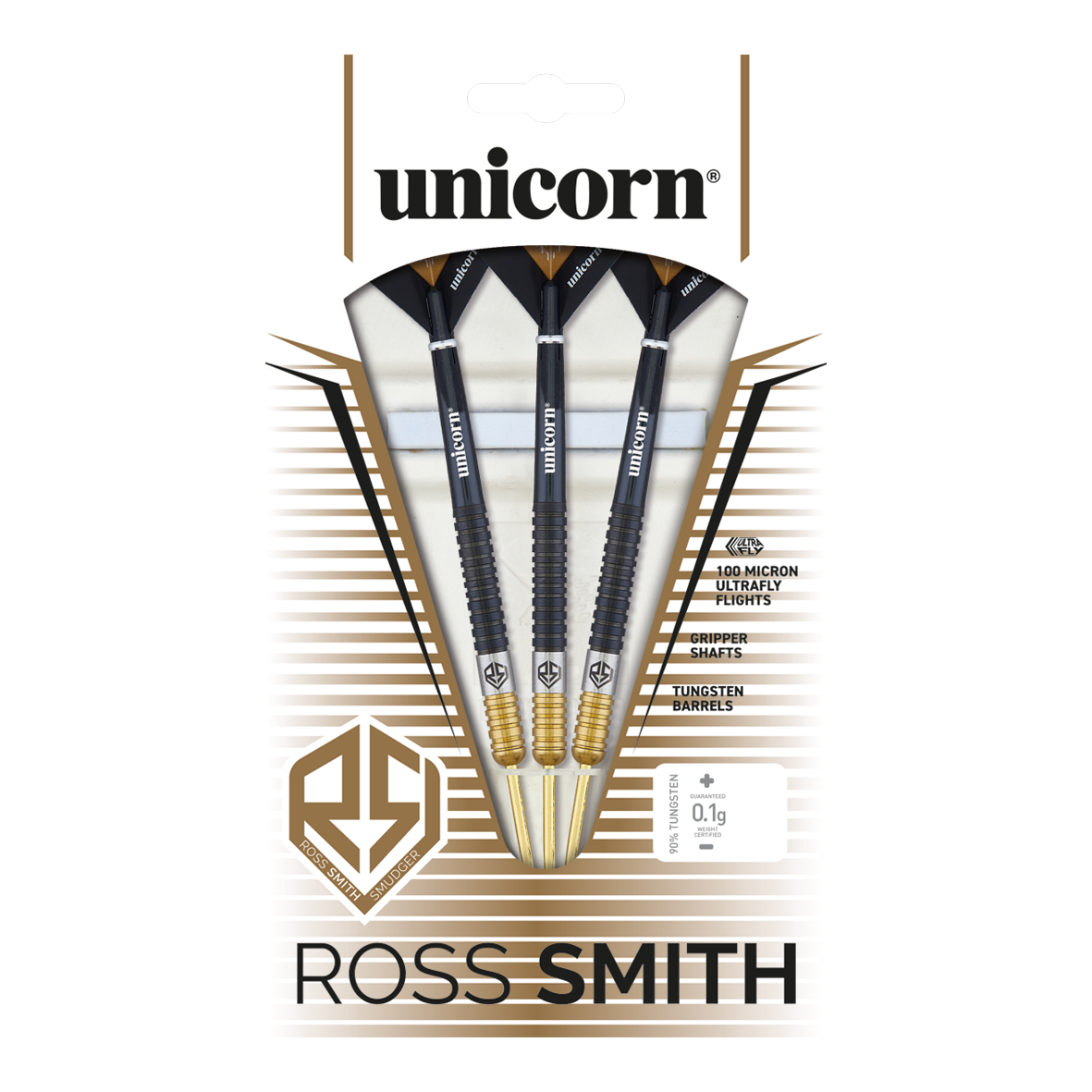 Fléchettes en acier bicolore Unicorn Ross Smith Das Bild zeigt die Unicorn Ross Smith Two-Tone Steeldarts in ihrer Verpackung. Die Verpackung hebt die Eigenschaften wie Gripper Shafts, 100 Micron Ultrafly Flights und Tungsten Barrels hervor.