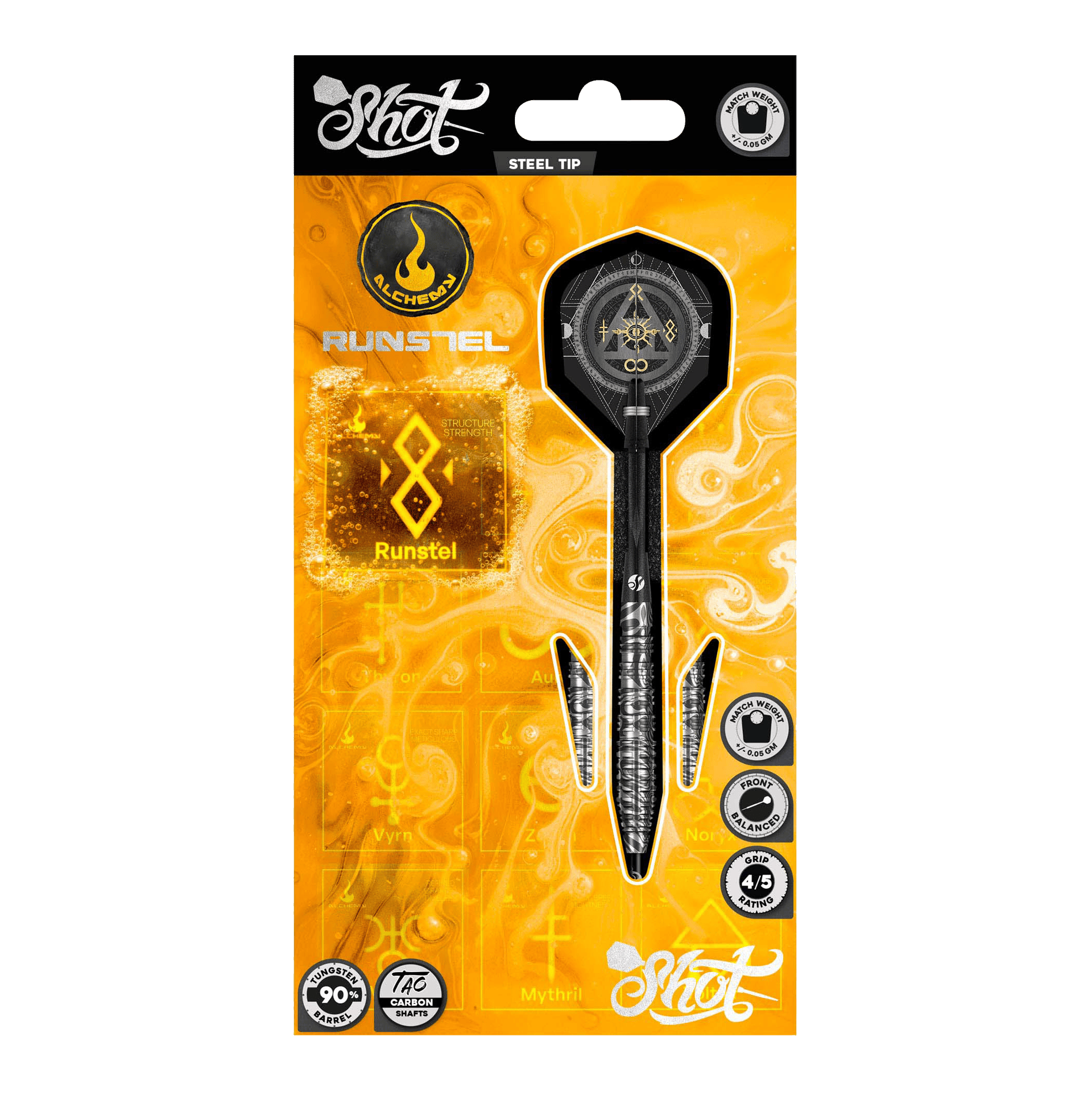 Fléchettes en acier Shot Alchemy Runstel Das Bild zeigt die Shot Alchemy Runstel Steeldarts. Dieses Produkt sind hochwertige Steeldarts für Dartspieler.