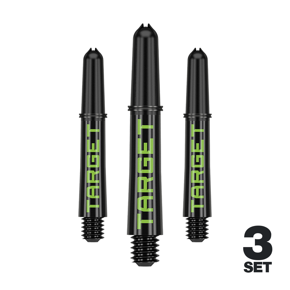 Tiges Target Pro Grip TAG - 3 jeux - Noir Vert Auf dem Bild sind drei schwarze Dartschäfte mit grünem "TARGET"-Schriftzug zu sehen. Unten rechts steht "3 SET", was darauf hinweist, dass es sich um ein Set aus drei Stück handelt.