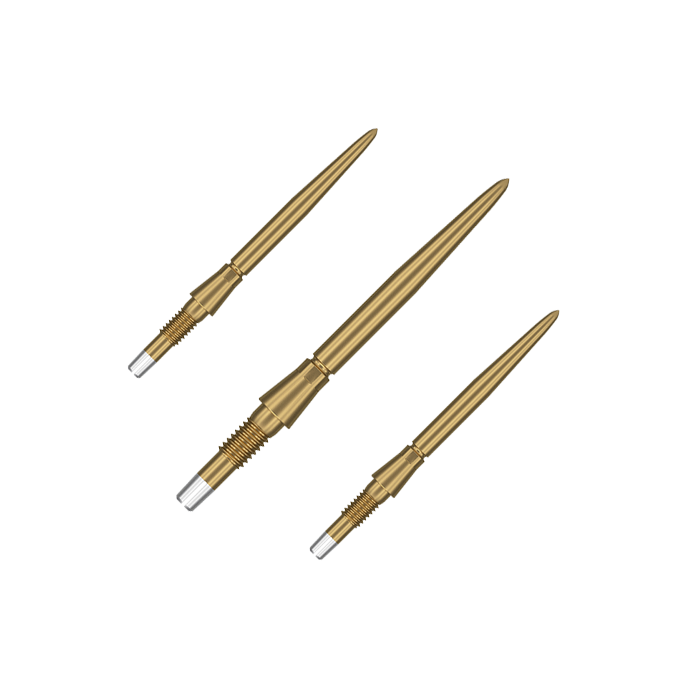 Embouts de fléchettes Target Swiss Storm Point - Or Das Bild zeigt drei goldene Dartspitzen, die nebeneinander angeordnet sind. Sie haben ein schlankes, spitzes Design mit einem silbernen Schraubgewinde am Ende.
