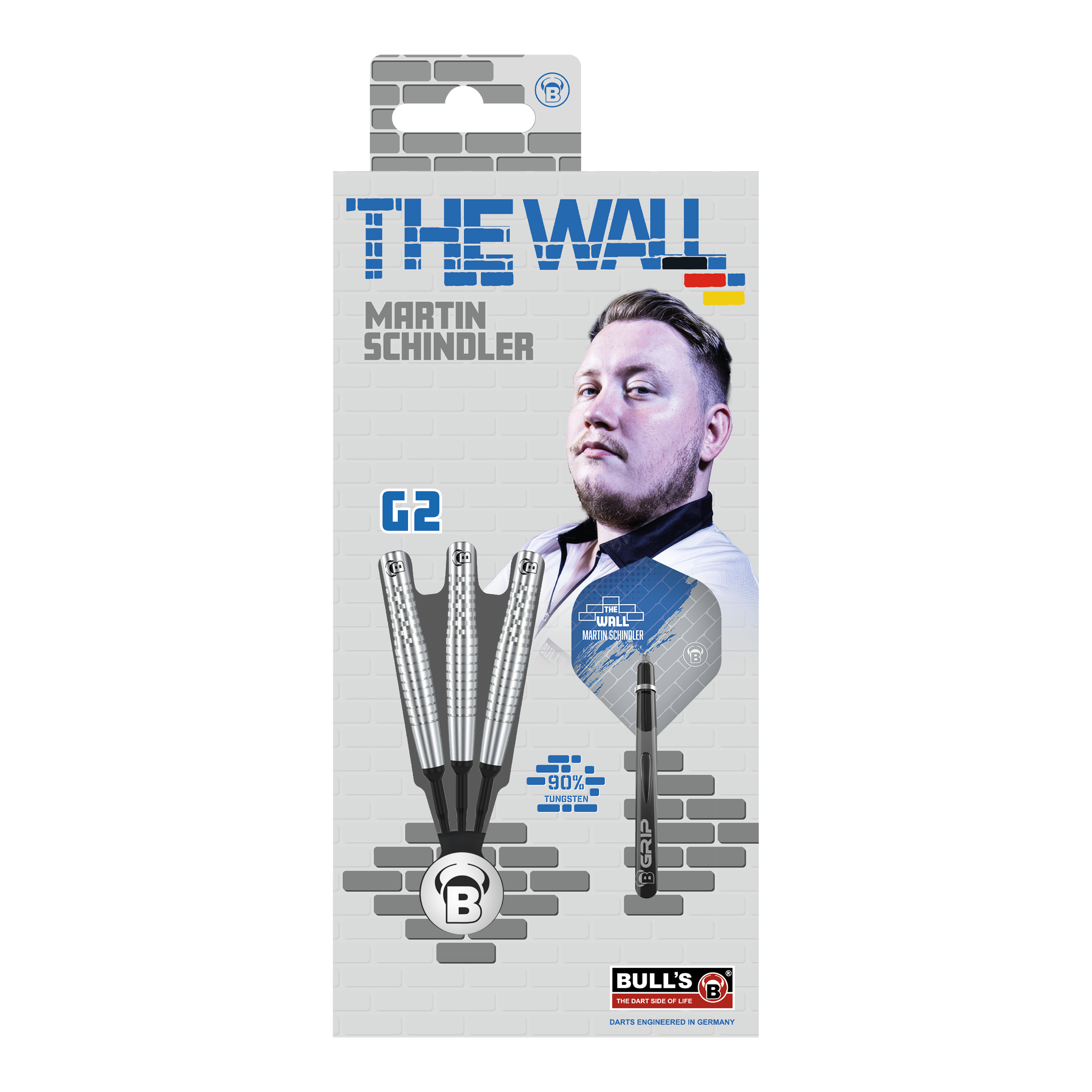 Fléchettes souples Bulls Martin Schindler Original Generation 2 Die Verpackung zeigt die "Bulls Martin Schindler Original Generation 2 Softdarts". Auf der Vorderseite ist ein Bild von Martin Schindler und die Darts selbst abgebildet.