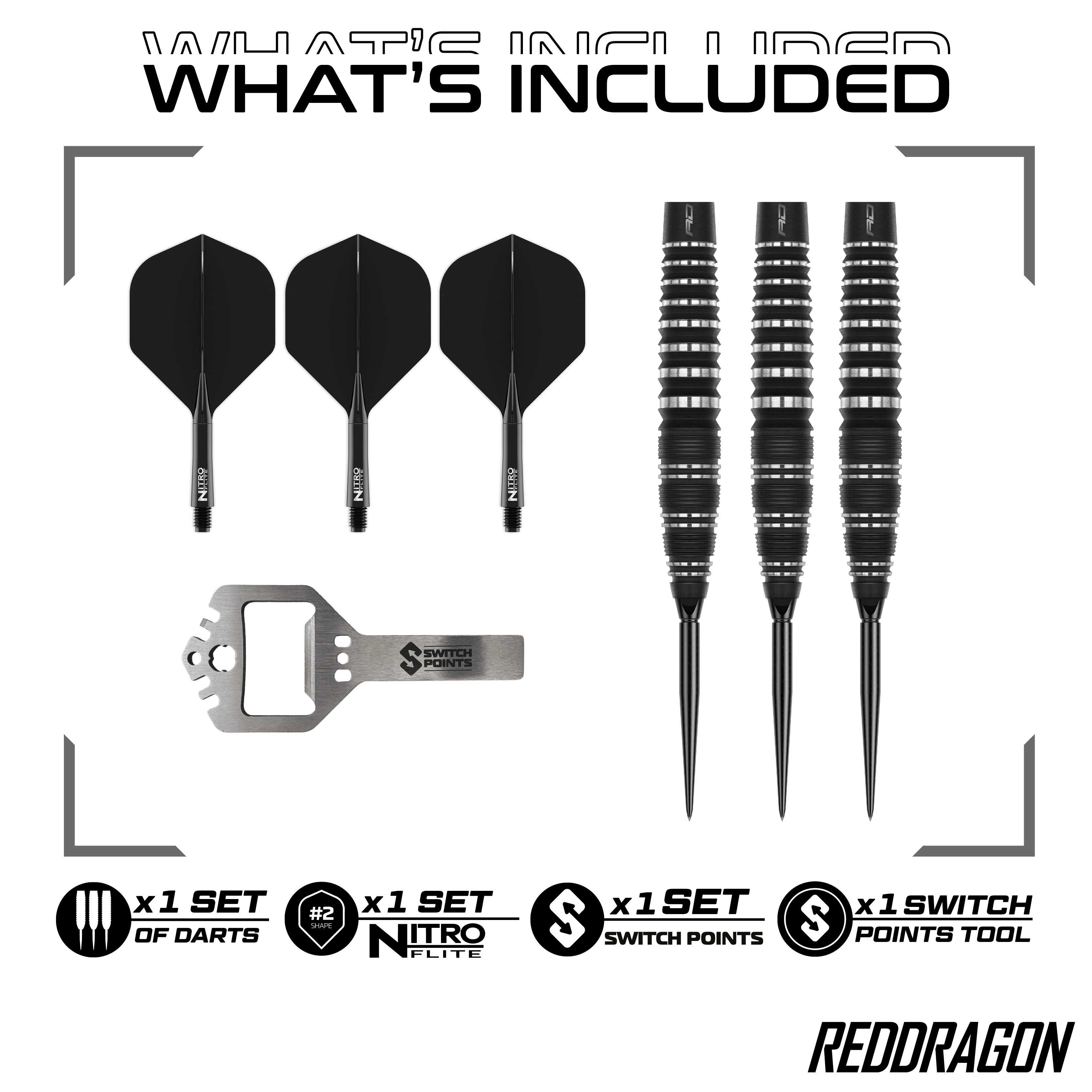 Fléchettes en acier Red Dragon Sable Bomb Switch Point Das Bild zeigt die Red Dragon Sable Bomb Switch Point Steeldarts. Die Darts haben ein markantes Design und sind speziell für das Steeldartspiel entwickelt.