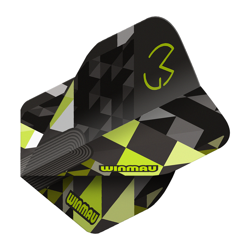 Vols standard Winmau Prism Delta MvG Logo Vert n° 2 Das Bild stellt Winmau Prism Delta MvG Logo Green No2 Standard Flights dar. Grüne Dart-Flights mit einem markanten Logo sind abgebildet.