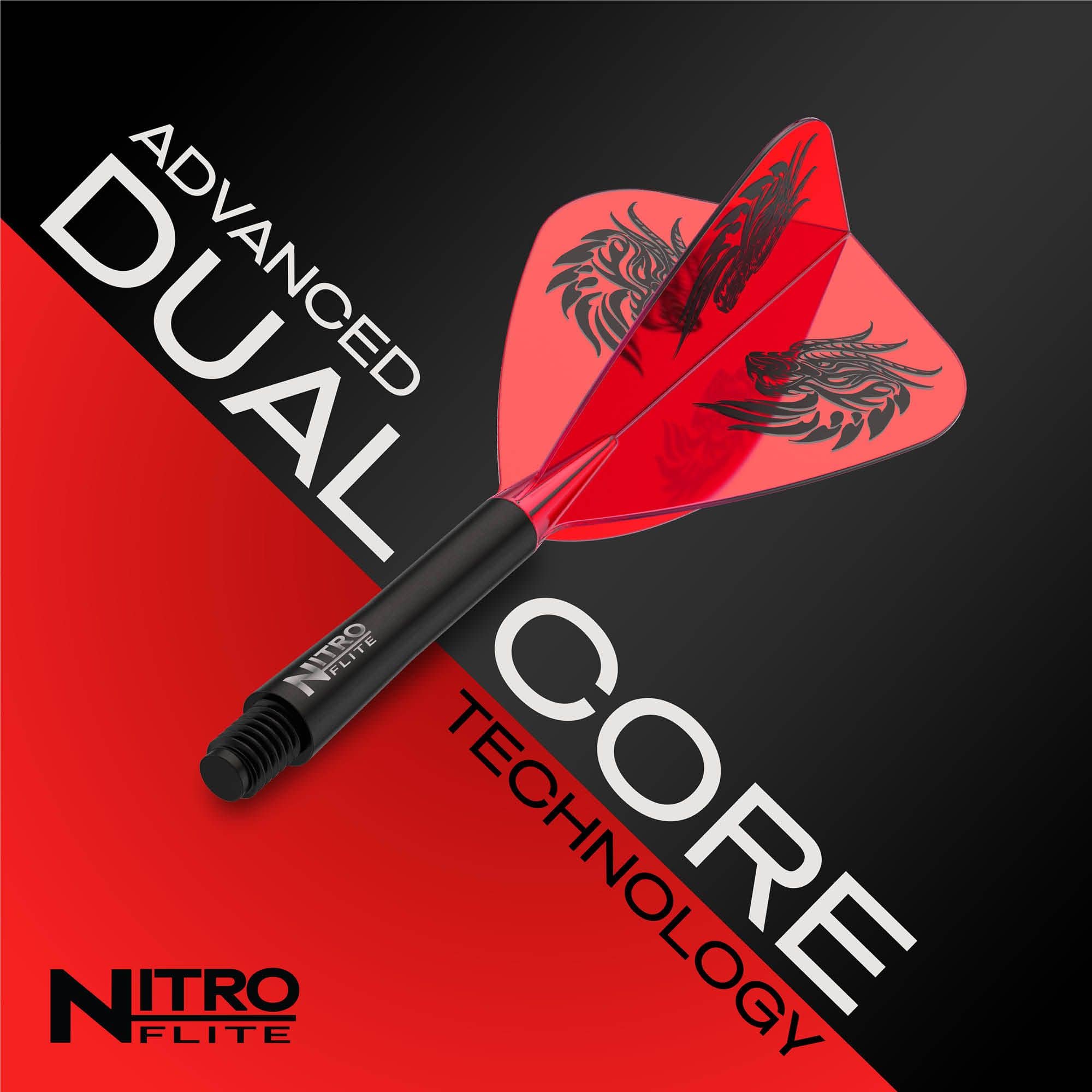 Red Dragon Nitro Flite - Vols de cerf-volant de Jonny Clayton Das Bild zeigt einen Red Dragon Nitro Flite - Jonny Clayton Kite Flight. Dieser Flight hat eine eigene Form und ist mit einem speziellen Muster gestaltet.