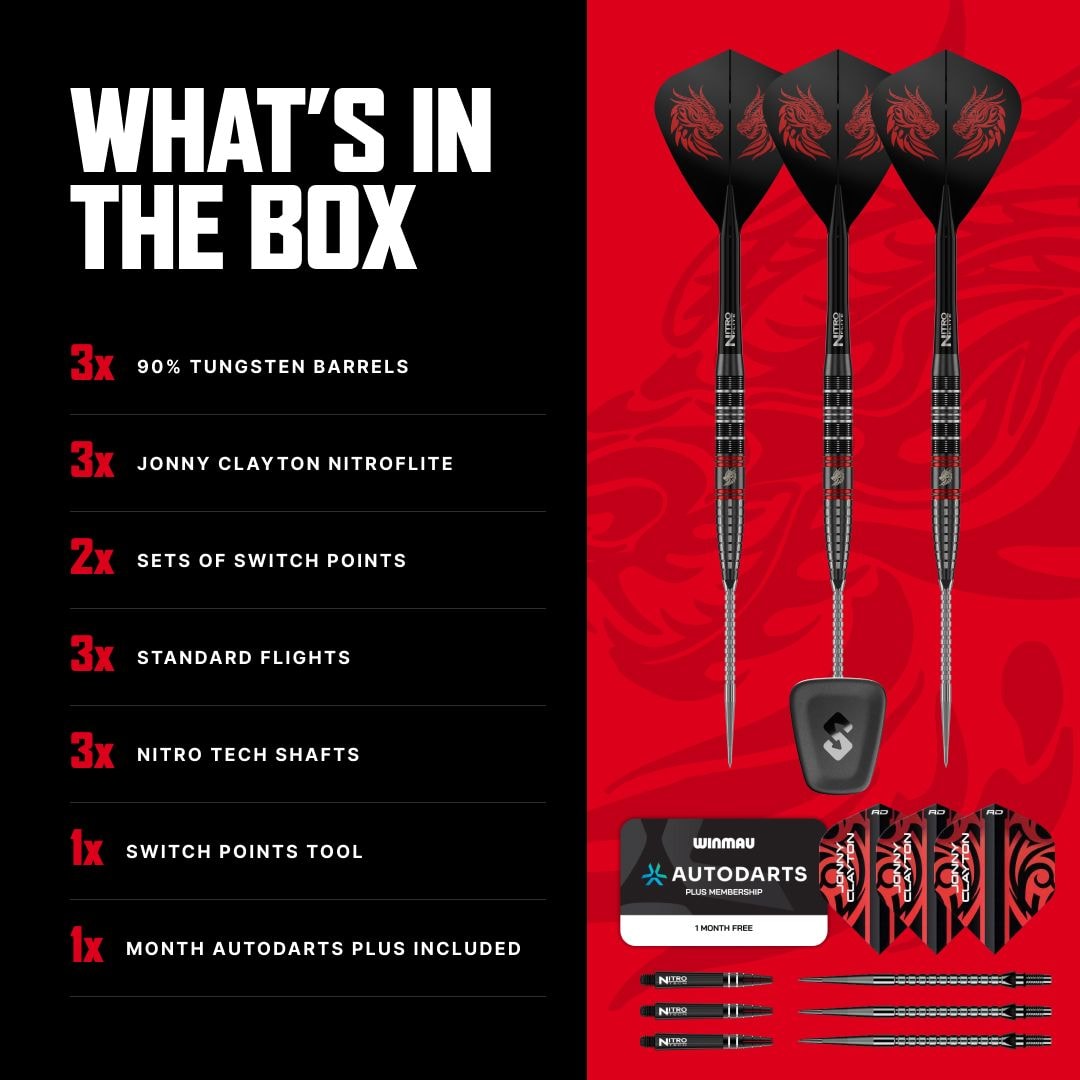 Fléchettes en acier Red Dragon Jonny Clayton RD-ULTRA Switch Point - 22 g Das Foto zeigt die Red Dragon Jonny Clayton RD-ULTRA Switch Point Steeldarts mit einem Gewicht von 22 Gramm. Die Darts werden im Detail präsentiert.