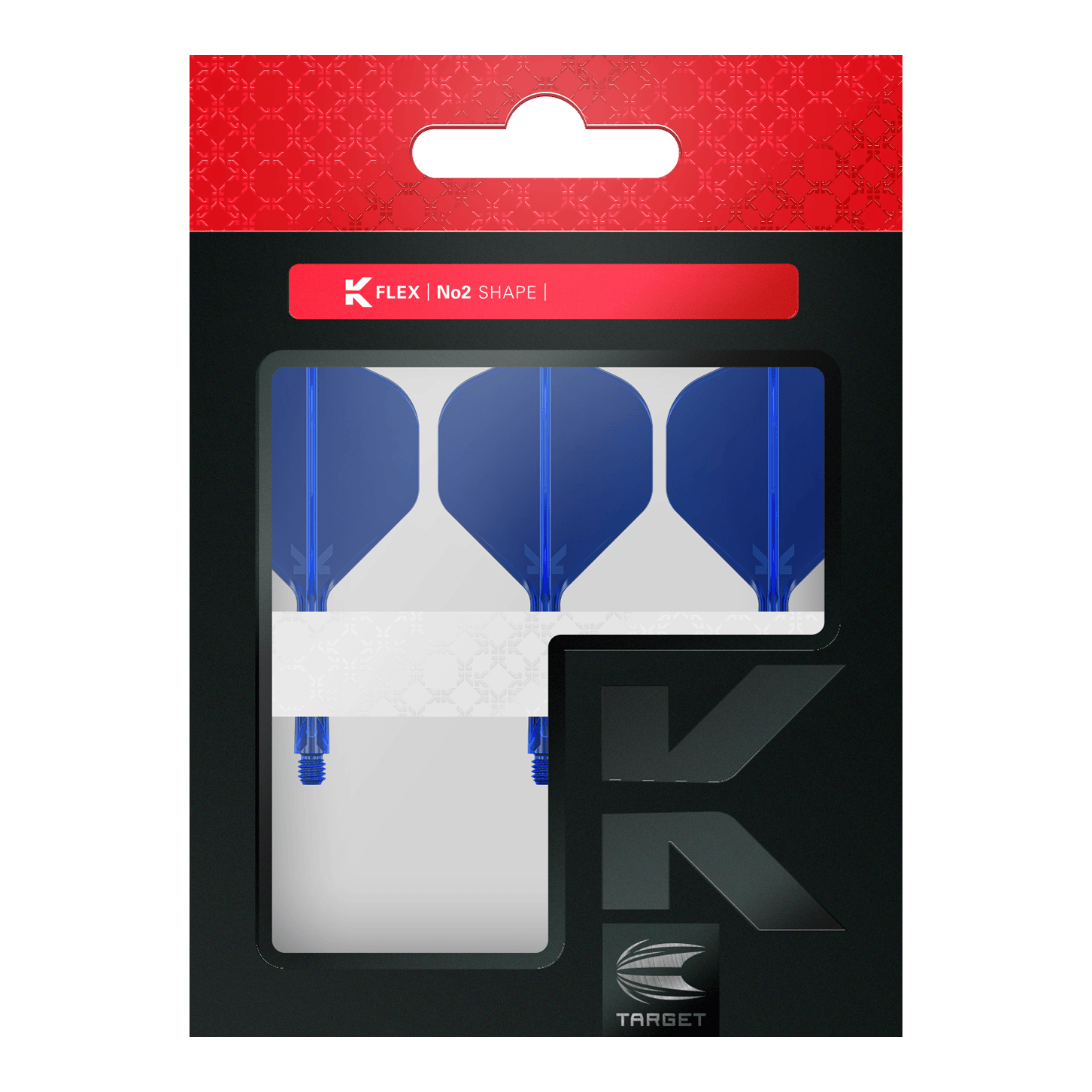 Système de vol standard Target K-Flex No2 - Bleu Die Verpackung enthält drei blaue Dart-Flights im No2-Standard-Format von der Marke Target. Im oberen Bereich steht "K Flex | No2 Shape" auf einem roten Streifen.