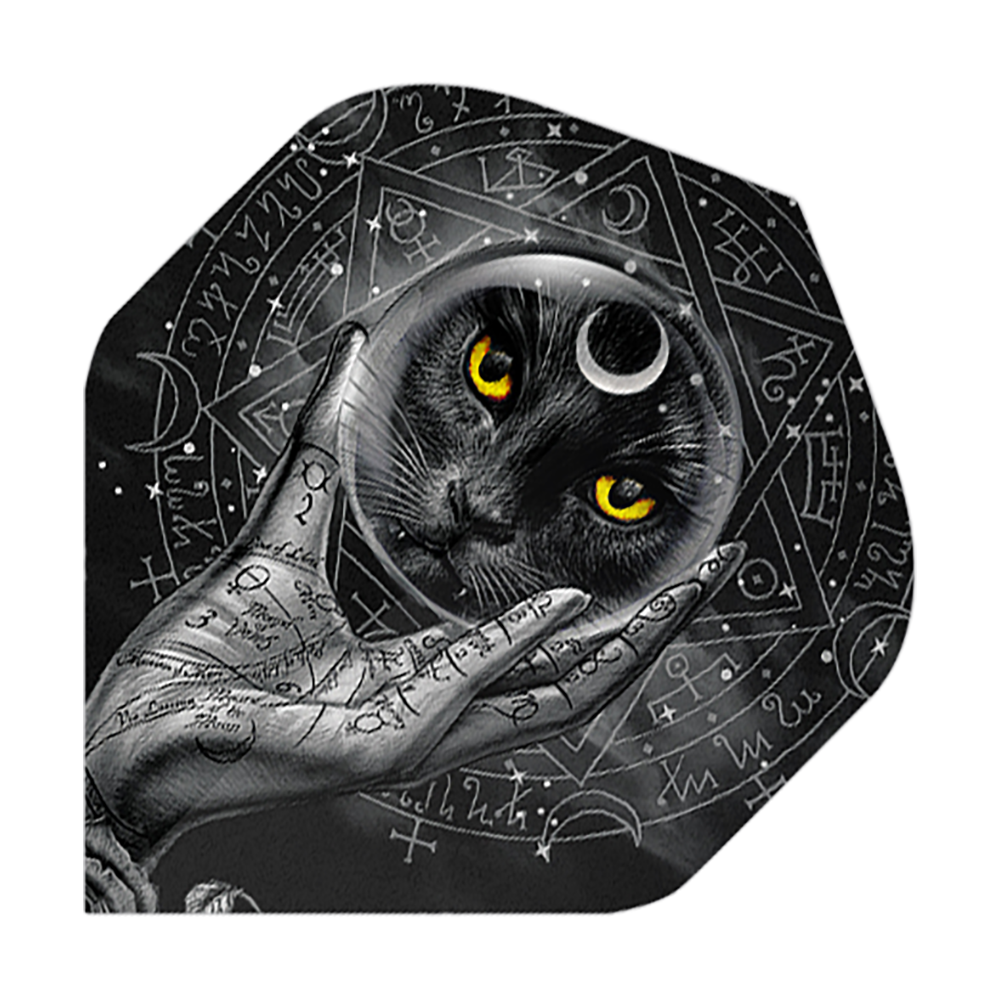 Vols standard en verre Alchemy Grimalkins n°2 Das Bild zeigt eine schwarze Katze mit leuchtend gelben Augen in einer Glaskugel, die von einer mit Symbolen verzierten Hand gehalten wird. Im Hintergrund sind mystische Zeichen und Symbole zu sehen.