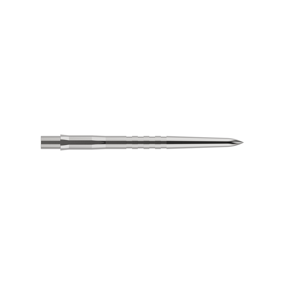 Auf dem Bild ist eine silberne, gerillte Steeldartspitze zu sehen. Sie ist schmal, lang und misst 32 mm in der Länge.
