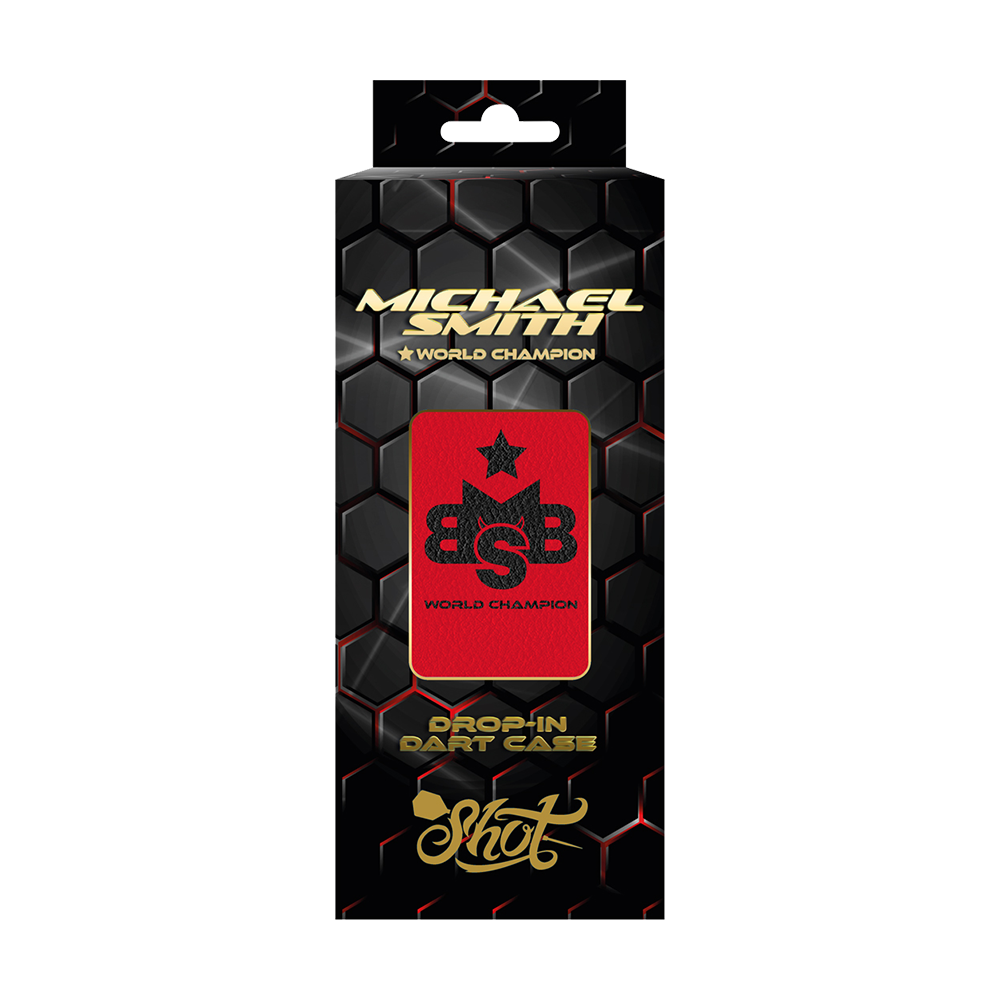 Shot Michael Smith World Champion Drop-In Dartcase - Rot Die Abbildung zeigt das Produkt "Shot Michael Smith World Champion Drop-In Dartcase" in der Farbe Rot. Die Verpackung ist schwarz mit Wabenmuster und hebt das rote Dartcase mit dem Aufdruck "World Champion" hervor.