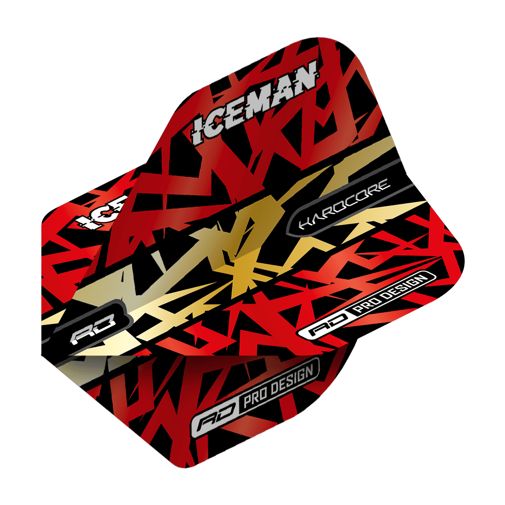 Das Bild zeigt eine Dart-Flugfeder mit einem auffälligen roten, goldenen und schwarzen Design. Auf der Feder stehen die Wörter "ICEMAN", "HARDCORE" und "RD PRO DESIGN".