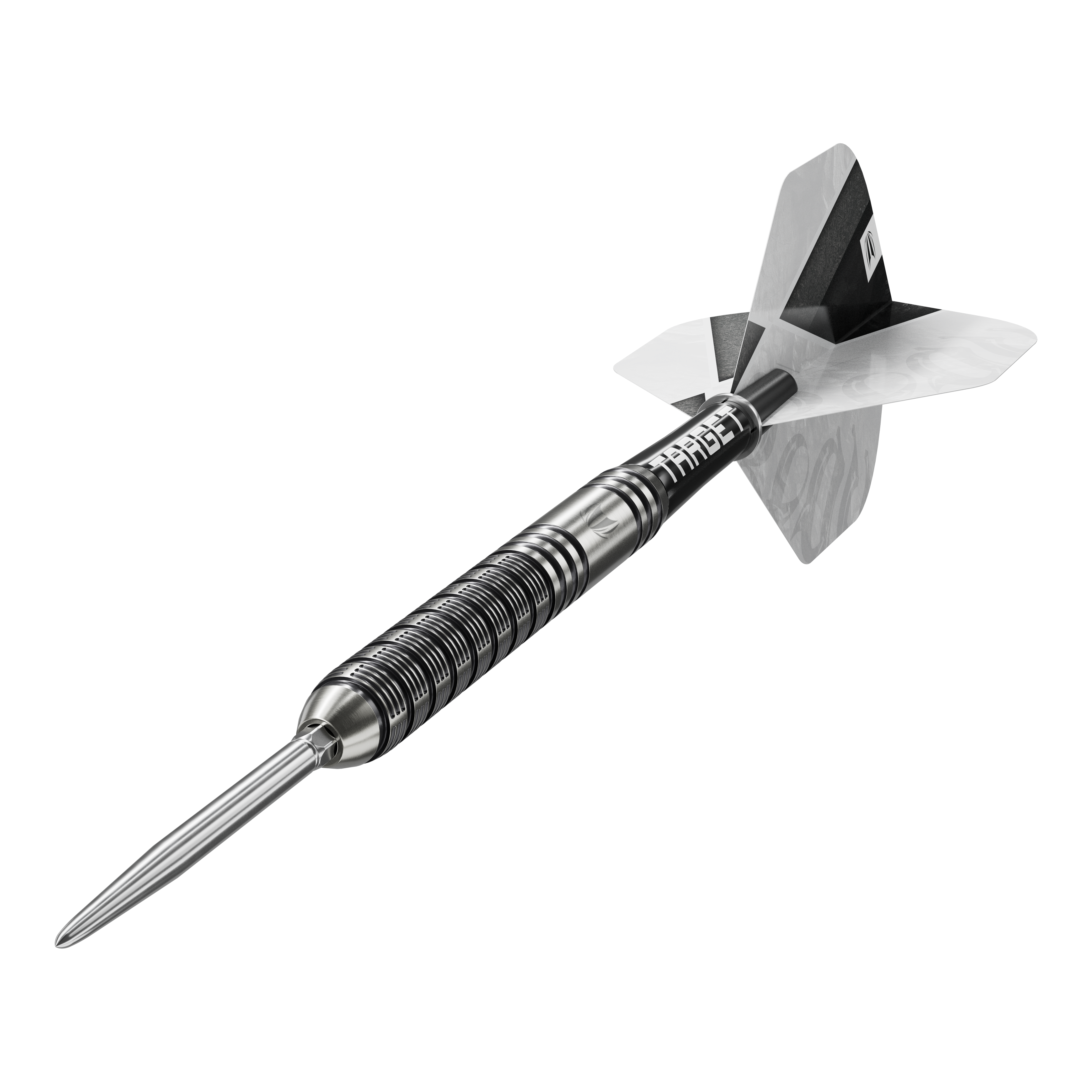 Hier werden die Target Beau Greaves GEN1 Swiss Point Steeldarts in einer weiteren Perspektive gezeigt. Das Bild hebt die Form und das Design der Darts hervor.