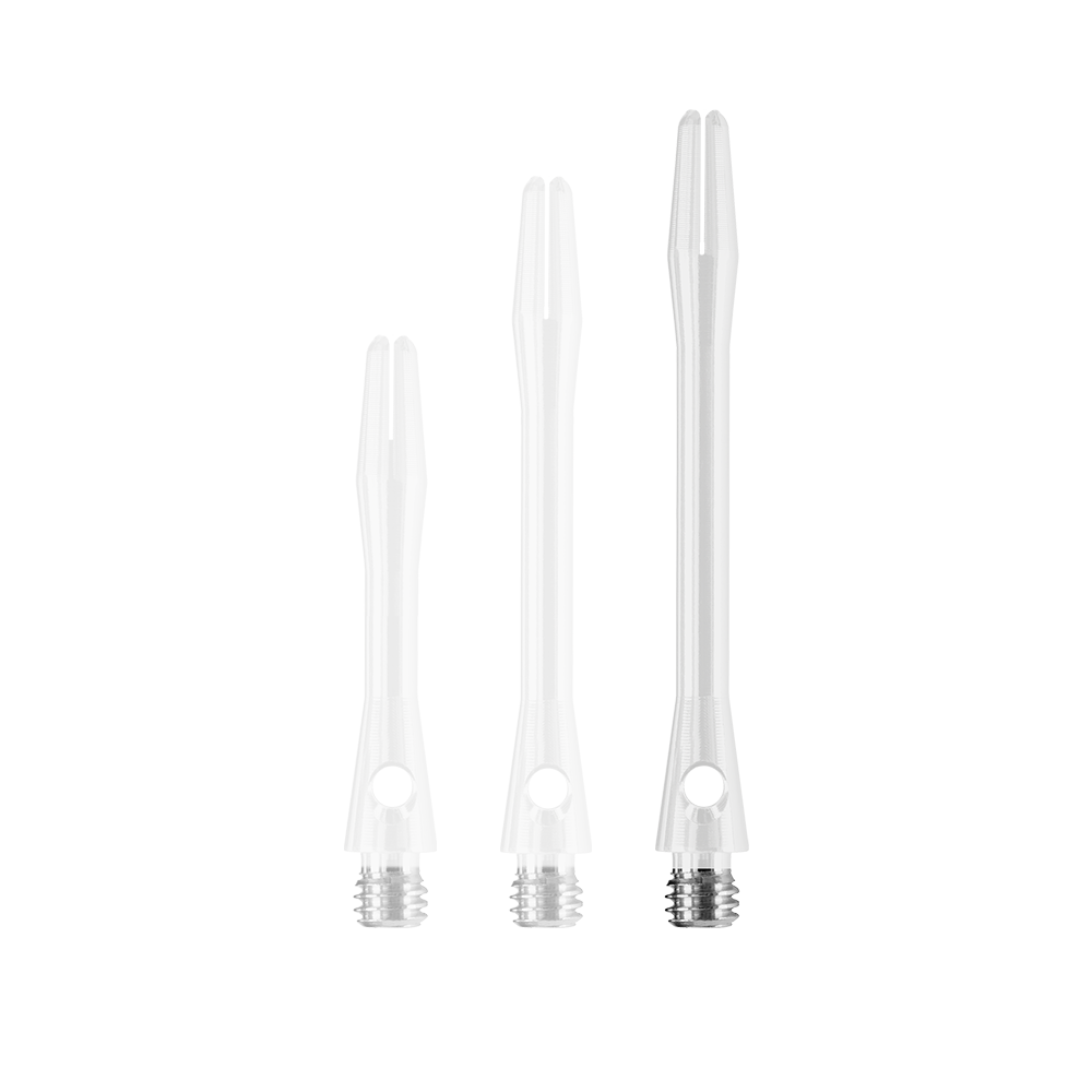 HR374_Harrows_Keramic_Shafts_Weiss_47mm_1 Das Bild zeigt drei weiße Harrows Keramic Shafts in verschiedenen Längen. Sie sind aus durchsichtigem Material gefertigt und haben ein Gewinde aus Metall am unteren Ende.