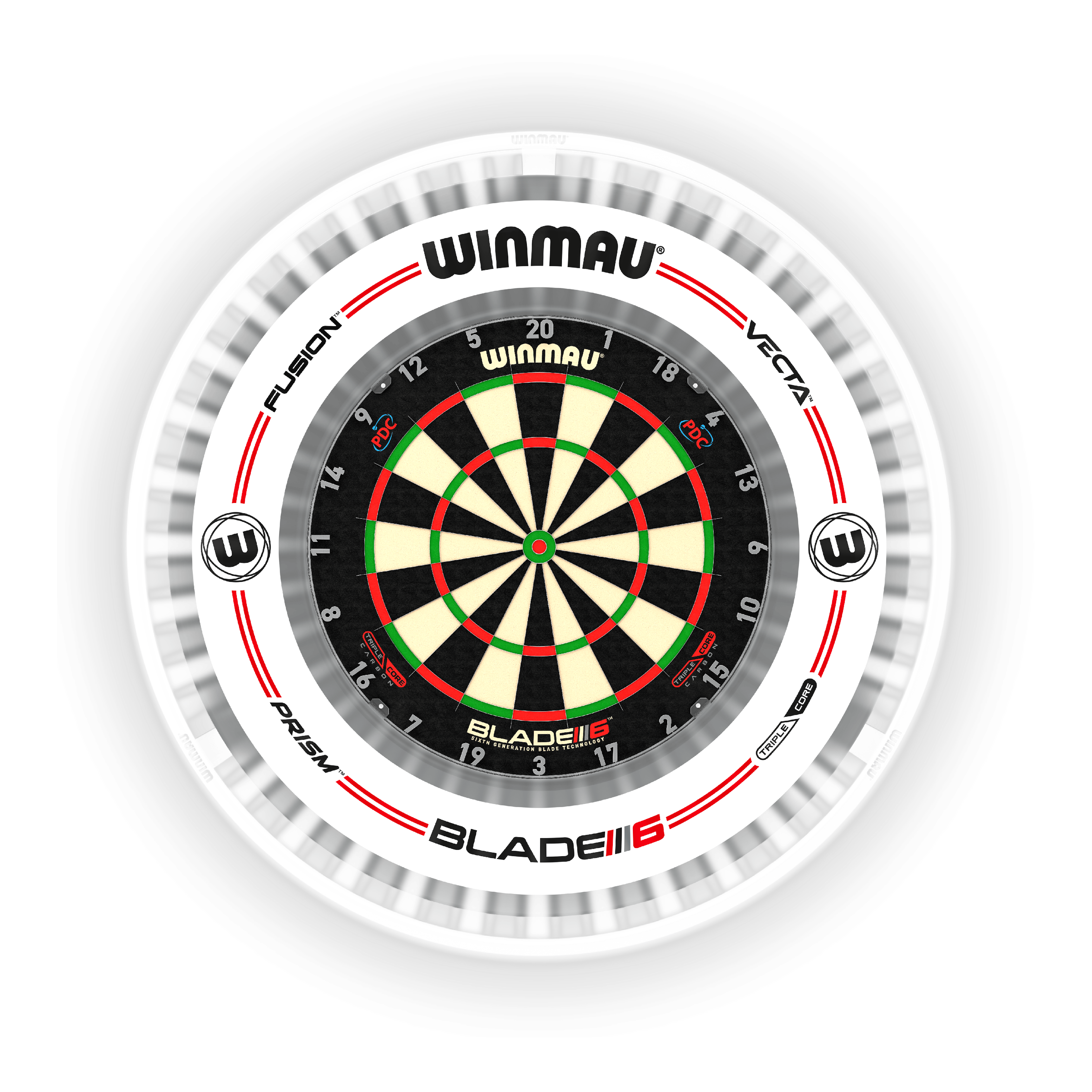 Lampe de fléchettes à LED Winmau Plasma Ice Das Bild zeigt das Produkt "Winmau Plasma Ice LED Dartboard Light" um ein Dartboard. Es sorgt für eine helle und gleichmäßige Ausleuchtung der Dartscheibe.