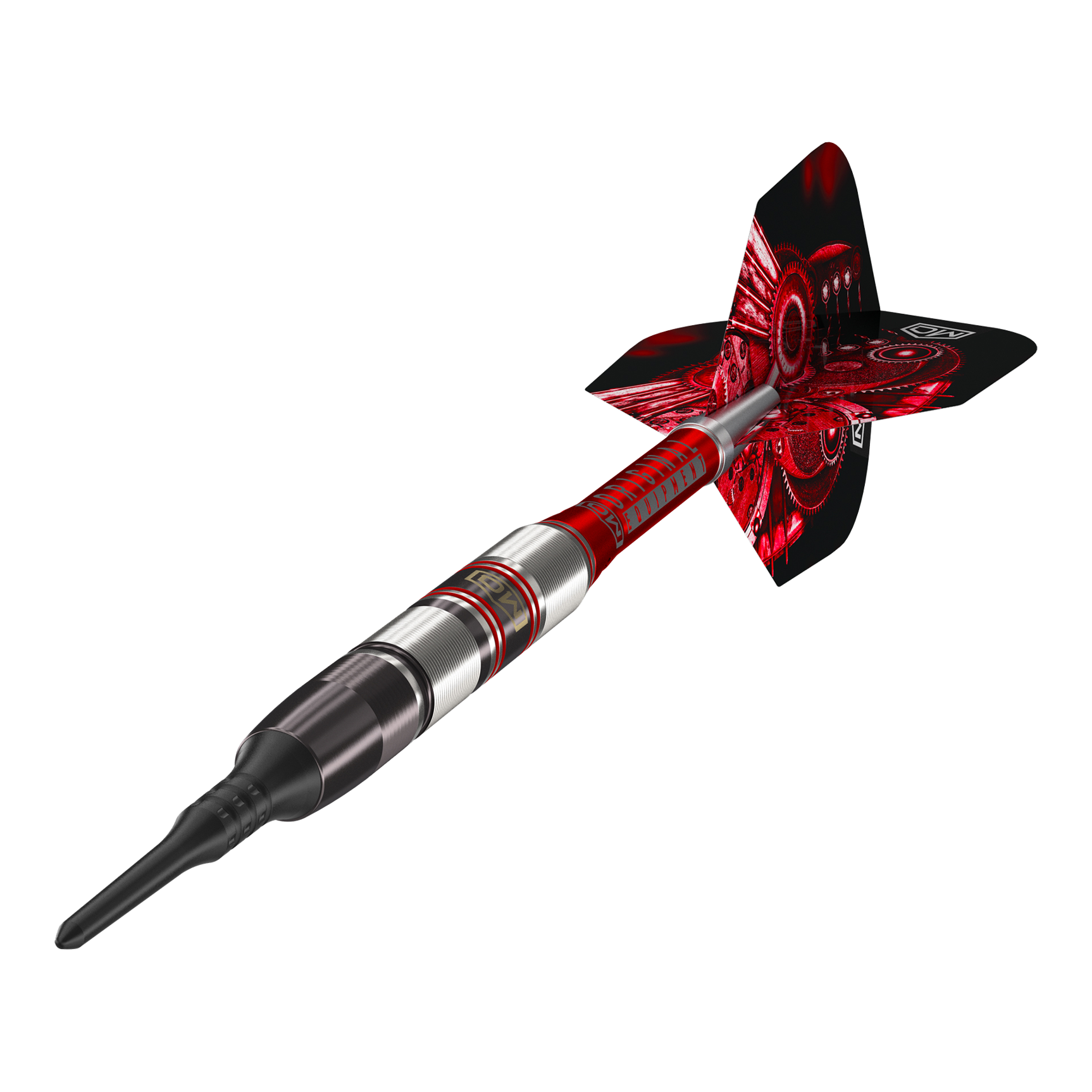 Fléchettes souples DW Piranha Razor 02 Das Bild zeigt den DW Piranha Razor 02 Softdart. Der Dart hat ein modernes Design mit roten und silbernen Akzenten.