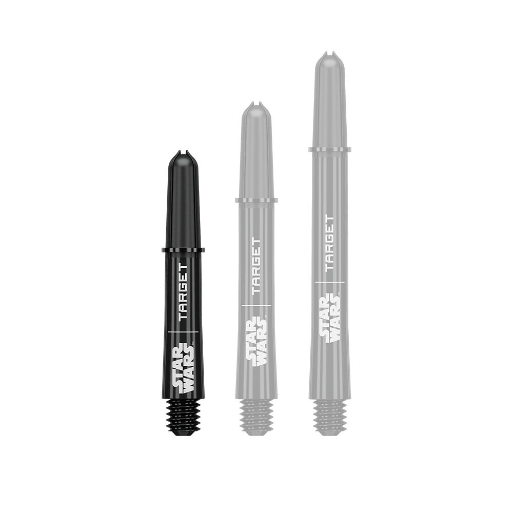 Poignées Target Star Wars ProGrip - Noires Abbildung eines kurzen Dart-Schafts aus der Datei 380420_Target_StarWars_ProGrip_Shafts_Schwarz_Short_34mm_1. Es handelt sich um einen schwarzen ProGrip Dart-Schaft in kurzer Ausführung.