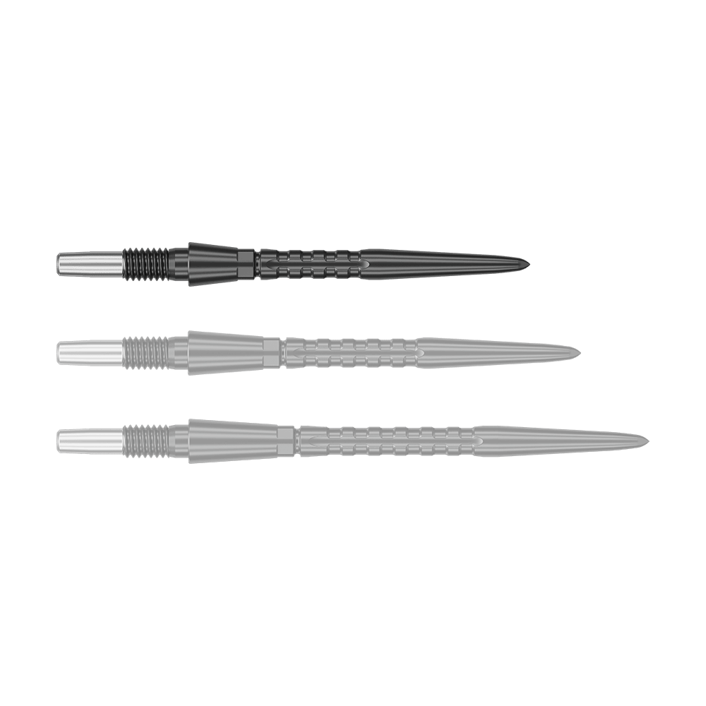 Pointes de fléchettes en acier Target Swiss Point Storm Surge - Noires Auf dem Bild sind drei schwarze Steeldartspitzen in unterschiedlichen Ansichten zu sehen. Sie sind lang, schlank und haben ein geriffeltes Muster zur besseren Griffigkeit.