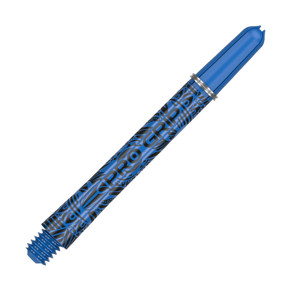 Tiges Target Pro Grip Ink - 3 jeux - Bleues Auf dem Bild ist ein blauer Dartshaft mit der Aufschrift "PRO GRIP" zu sehen. Das Design ist mit schwarzen Mustern verziert und das Material sieht aus Kunststoff aus.
