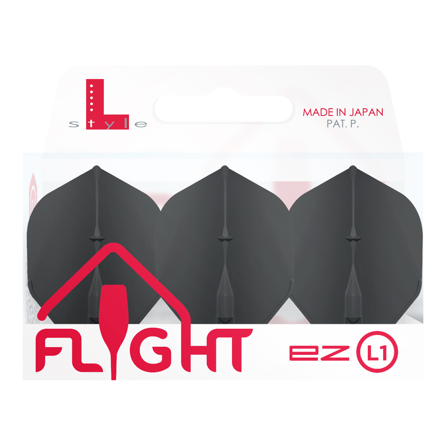 Die Abbildung zeigt eine Packung mit L-Style Champagne L1EZ Standard Flights. In der Verpackung befinden sich drei schwarze Dartflights.