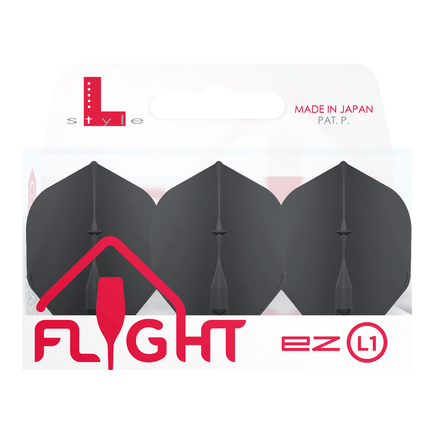 Vols standard L-Style Champagne L1EZ Die Abbildung zeigt eine Packung mit L-Style Champagne L1EZ Standard Flights. In der Verpackung befinden sich drei schwarze Dartflights.