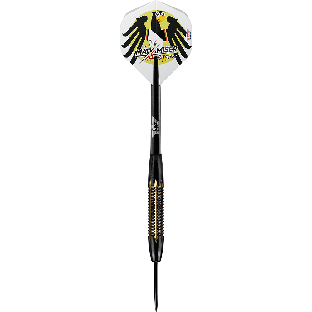 BU24921_BullsNL_Max_Hopp_Maximiser_Shell_Coated_Brass_Steeldarts_1HYbKaey2VuDR7 Dies ist ein BullsNL Max Hopp Maximiser Shell Coated Brass Steeldart mit einem Gewicht von 21g. Der Dart hat ein auffälliges Design mit einem Adler und dem Schriftzug "MAXIMISER" auf dem Flight.