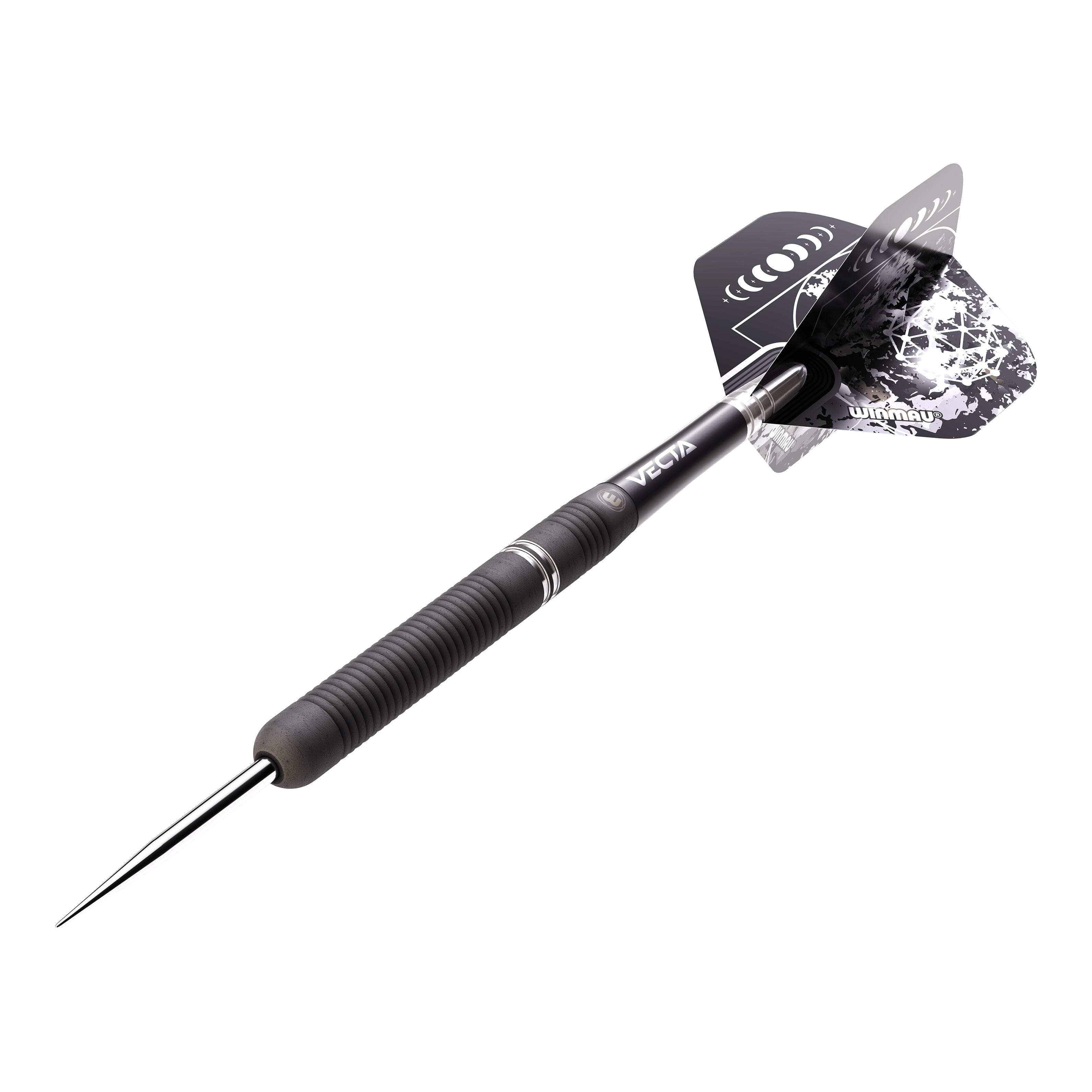 Fléchettes en acier Winmau Callisto 01 Das Bild zeigt einen Winmau Callisto 01 Steeldart. Der Dartpfeil hat ein schwarzes, geriffeltes Griffstück und schwarze Flights mit weißem Muster.