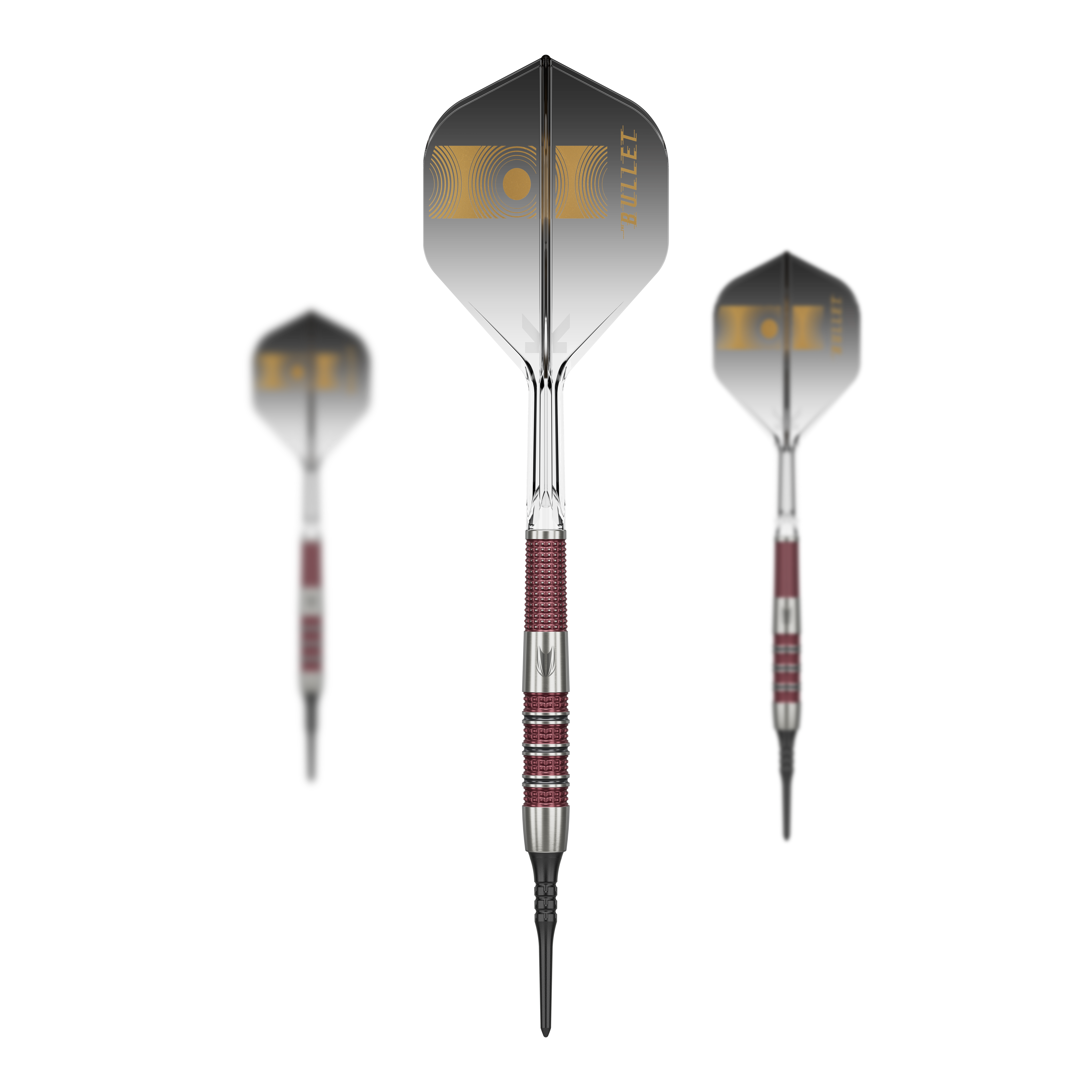 Fléchettes souples Target Stephen Bunting 95K - 19 g Auf dem Bild sind drei Softdarts des Modells „Target Stephen Bunting 95K“ mit einem Gewicht von 19g zu sehen. Die Darts haben schwarze Flights mit goldener Aufschrift und silber-rote Griffe.