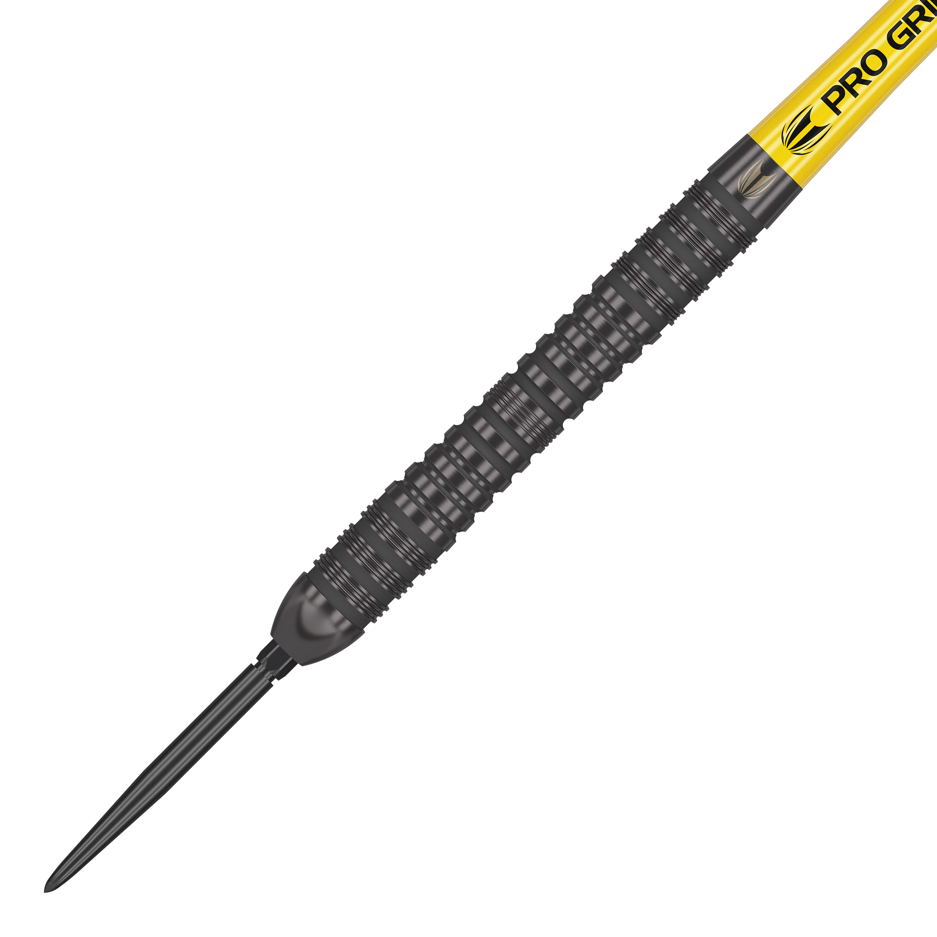 Fléchettes en acier Target Bolide Void 04 Swiss Point Das Bild zeigt einen Target Bolide Void 04 Swiss Point Steeldart. Der Dart hat ein schwarzes, geriffeltes Barrel und einen gelben Schaft mit der Aufschrift "PRO GRIP".