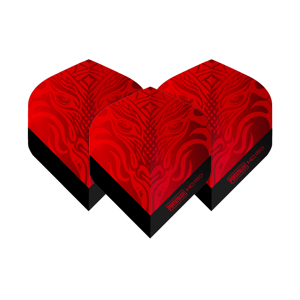 Volets standard Pentathlon HD150 rouge métallisé Das Bild zeigt drei rote Dart-Flights mit einem auffälligen, metallischen Muster. Auf den Flights steht "Pentathlon HD150" in schwarzer Schrift.