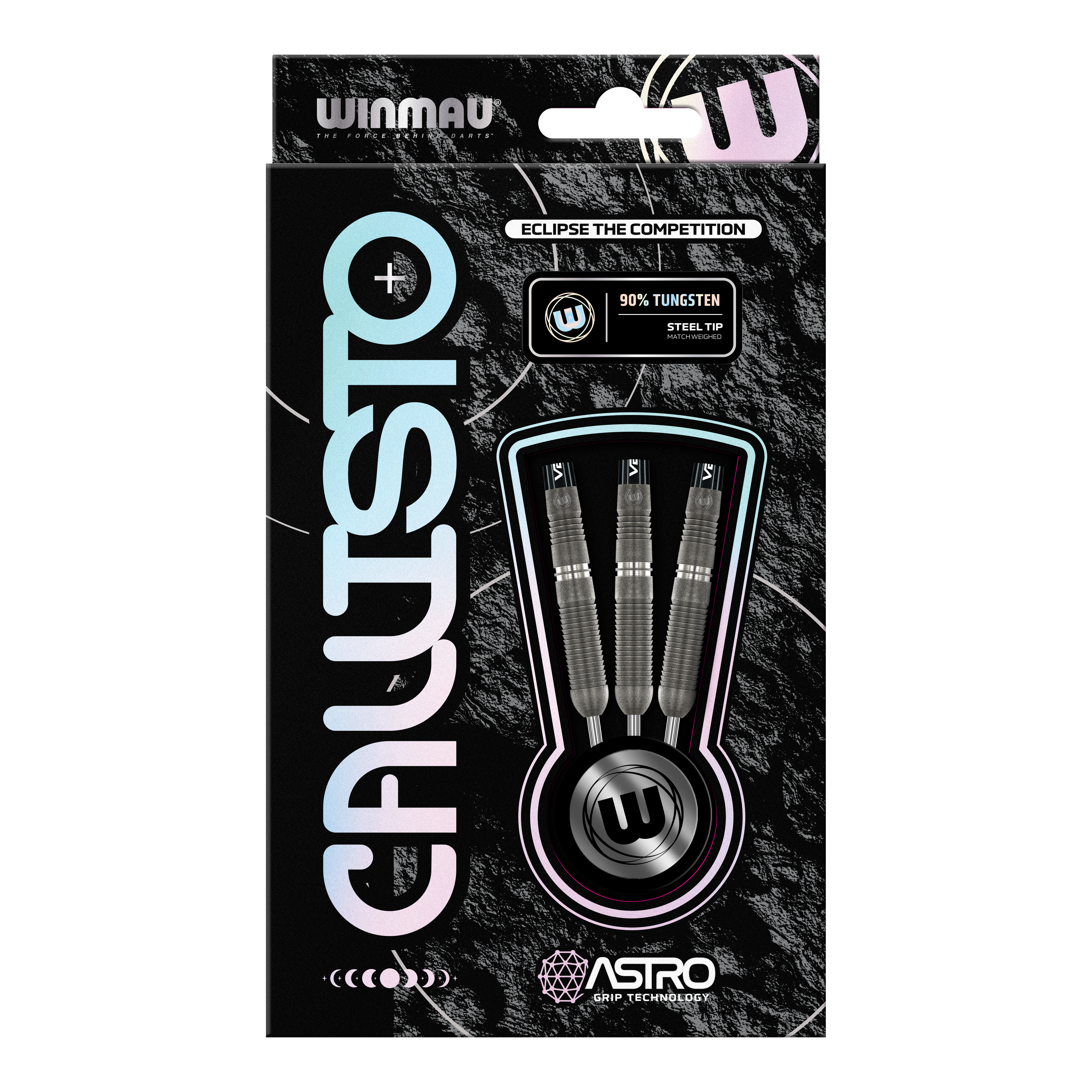 Fléchettes en acier Winmau Callisto 03 Das Bild zeigt eine Verpackung der "Winmau Callisto 03 Steeldarts". Drei Steeldarts mit 90% Tungsten und Astro Grip Technologie sind sichtbar durch ein Sichtfenster präsentiert.
