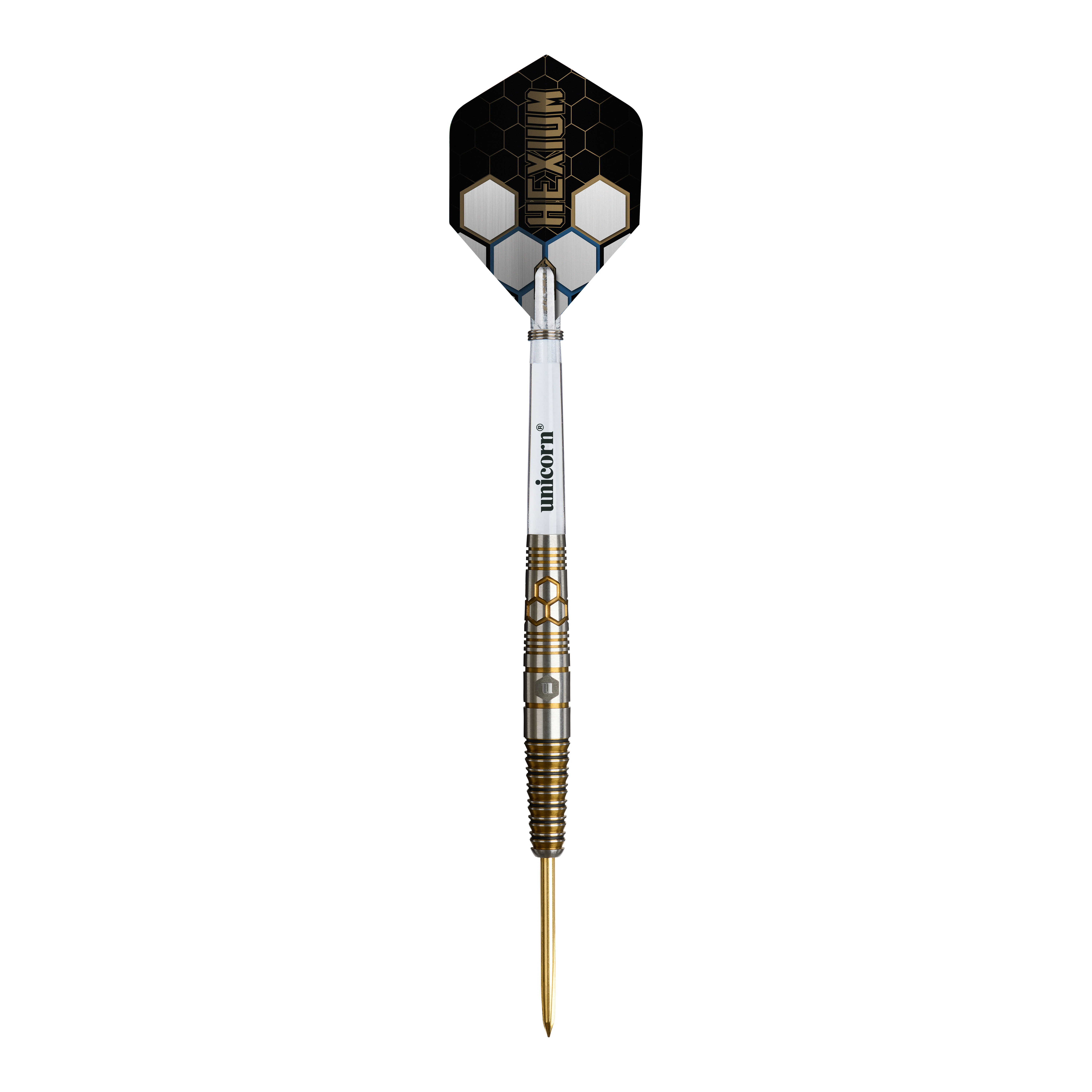 Fléchettes en acier Unicorn Hexium Style 03 or et noir Unicorn Hexium Style 03 Gold & Black Steeldarts werden in dieser Abbildung dargestellt. Die besondere Gold-Schwarz-Optik hebt die Darts hervor.