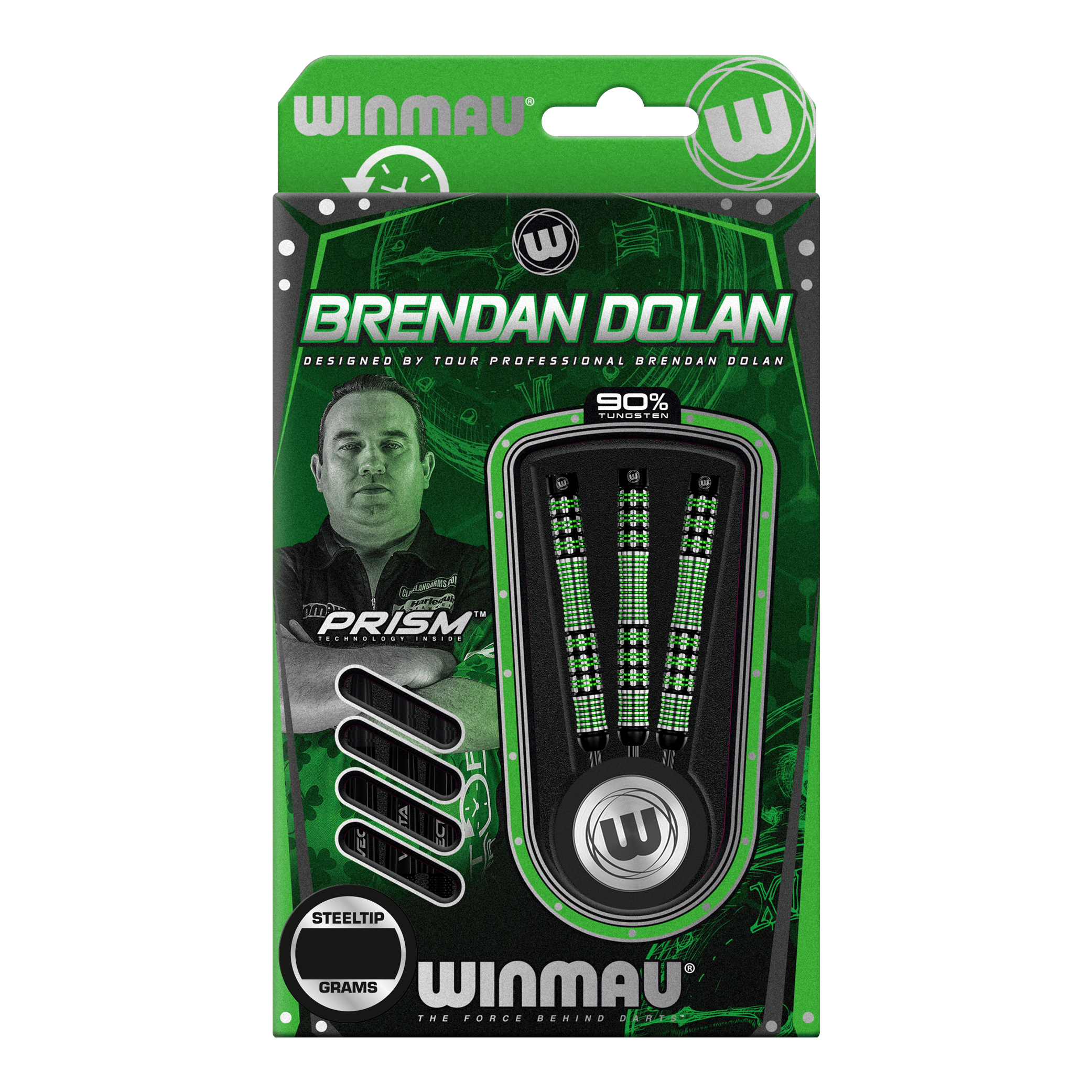 Fléchettes en acier Winmau Brendan Dolan Die Abbildung zeigt eine Verpackung der Winmau Brendan Dolan Steeldarts. In der Packung sind drei Darts mit schwarzem und grünem Design zu sehen.
