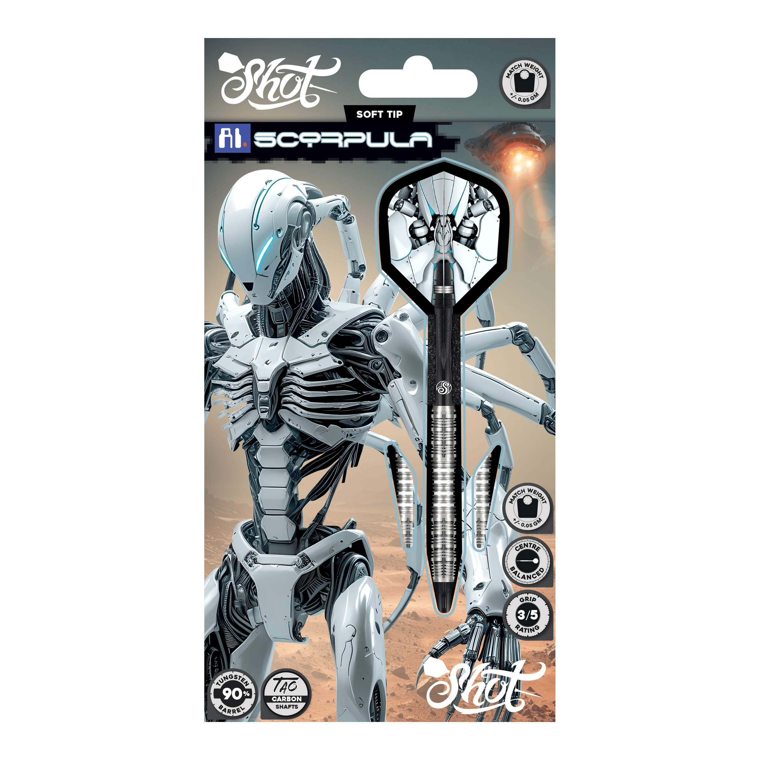 Fléchettes souples Shot AI Scorpula - 20 g Das Bild zeigt die Shot AI Scorpula Softdarts mit einem Gewicht von 20g. Die Darts sind detailliert und für das Softdart-Spiel konzipiert.