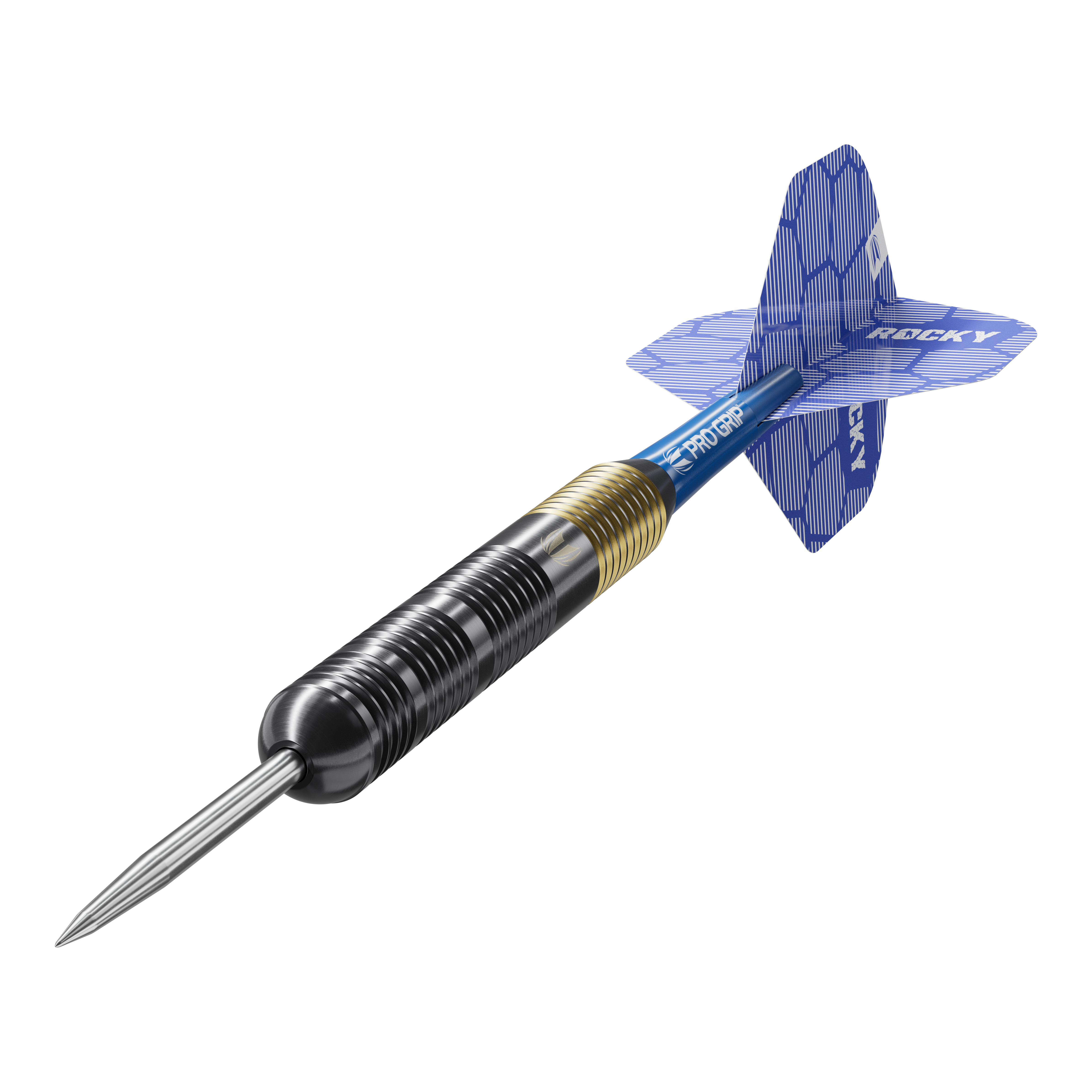 Fléchettes en acier laiton Target Josh Rock - 22 g Das Bild zeigt einen Target Josh Rock Brass Steeldart mit einem Gewicht von 22g. Der Dart hat eine messingfarbene und schwarze Spitze sowie blaue Flights mit der Aufschrift "ROCKY".