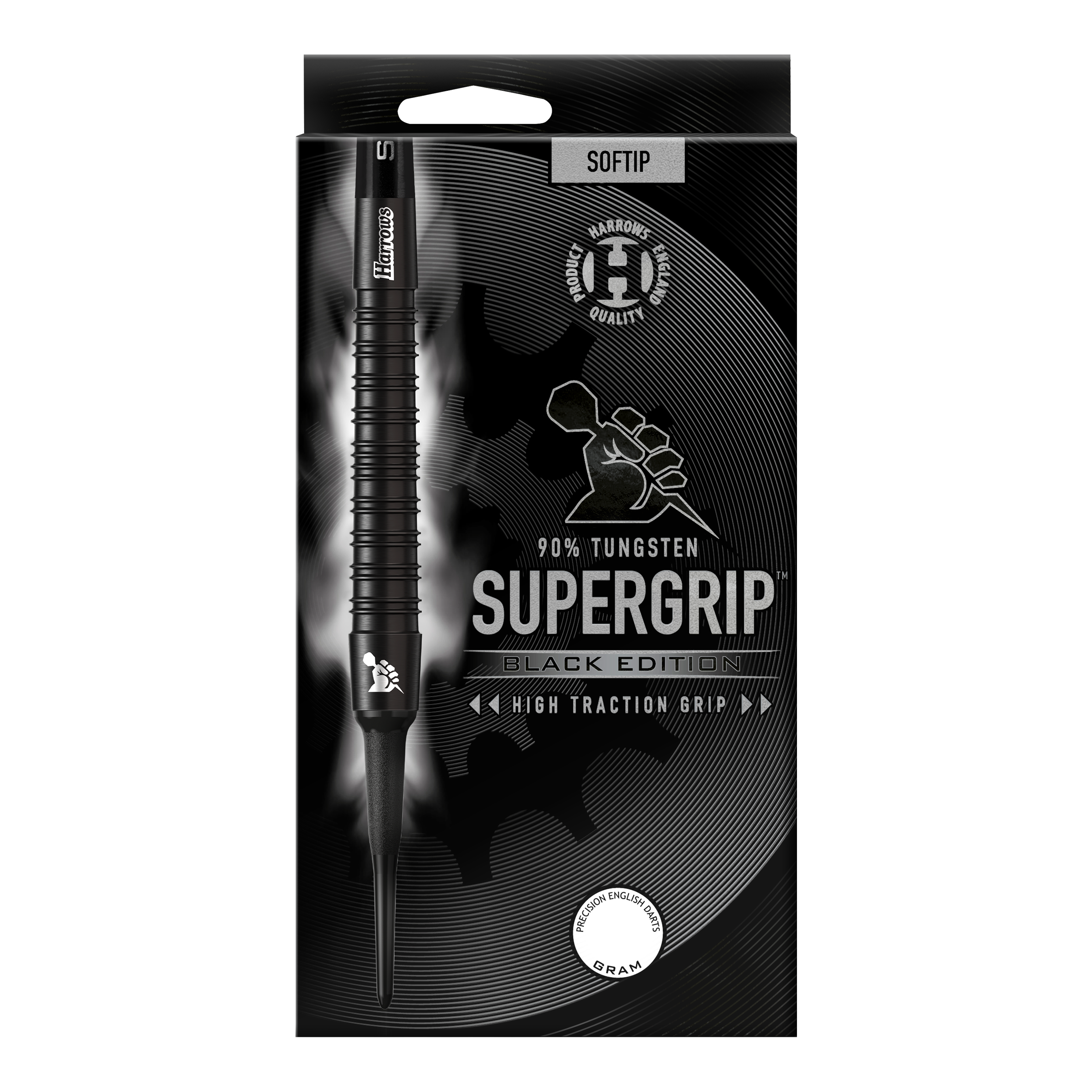 Fléchettes souples Harrows Supergrip Black Edition Das Bild zeigt die Verpackung der "Harrows Supergrip Black-Edition Softdarts". Die Darts bestehen zu 90 % aus Tungsten und haben eine hohe Griffigkeit.