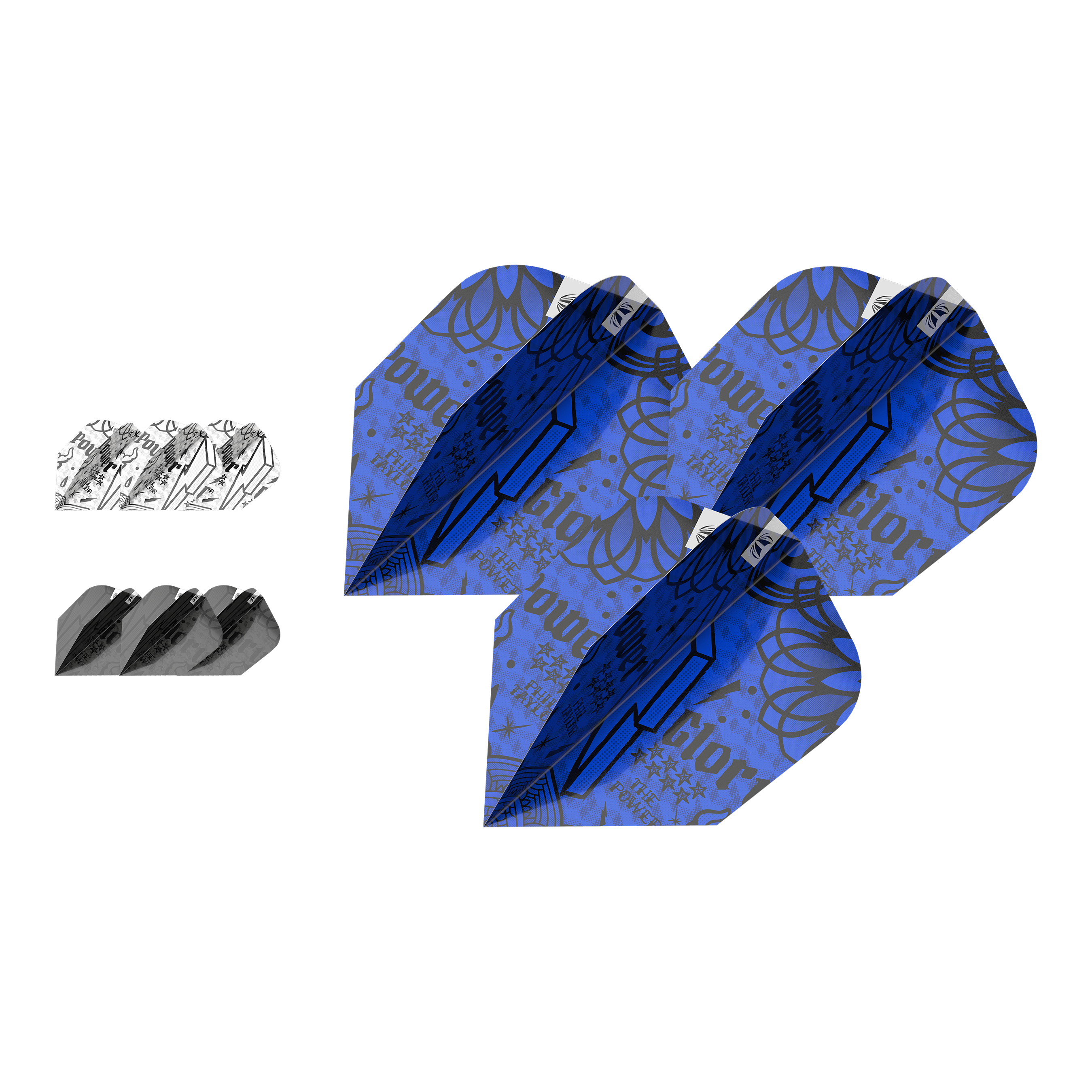 Target Ink Bundle 3 Sets Power Ten-X Flights Das Bild zeigt drei Sets von Target Ink Bundle Power Ten-X Flights in verschiedenen Farben und Designs. Die größten Flights sind blau mit auffälligen Mustern, während die anderen schwarz und weiß sind.