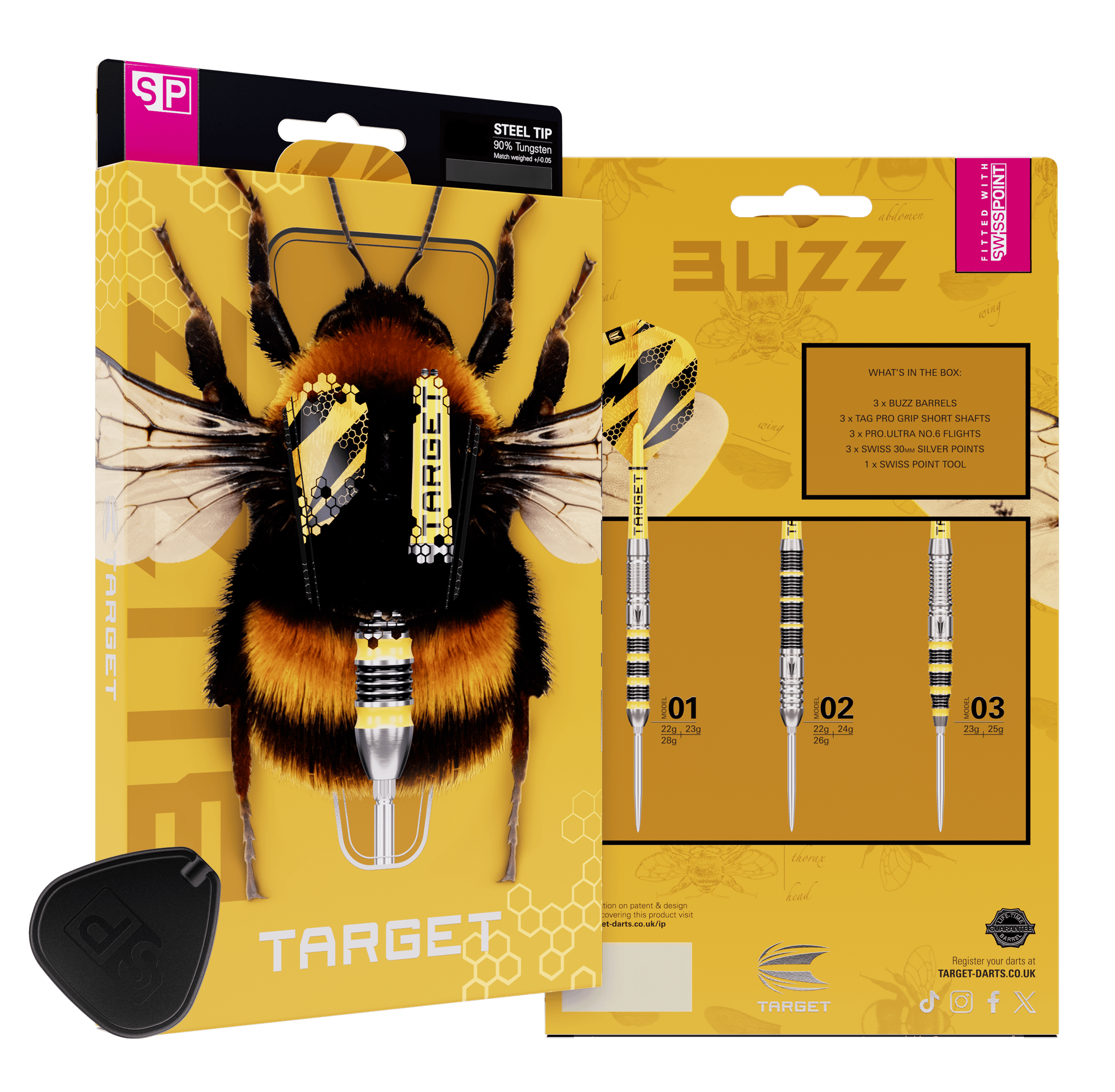 Fléchettes en acier Target Buzz 02 Swiss Points Abgebildet sind die Target Buzz 02 Swiss Points Steeldarts. Die Darts liegen ordentlich angeordnet auf hellem Hintergrund.