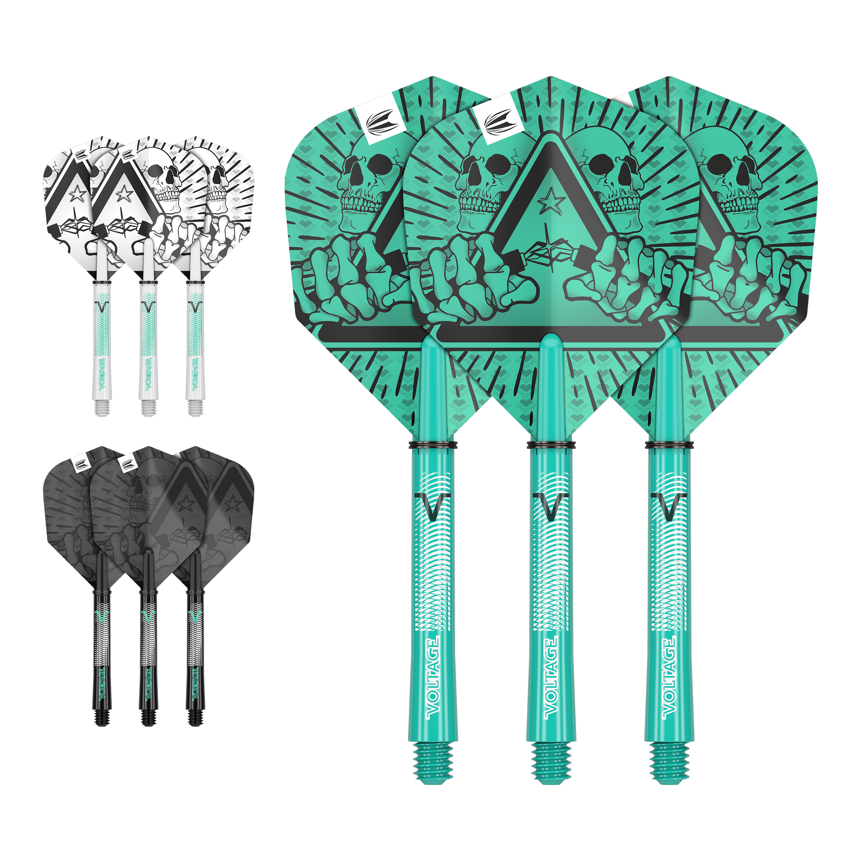 Kit de tige de vol Target Ink Rob Cross Das Bild zeigt drei Sätze von Dartflights und -schäften in unterschiedlichen Farben und Designs. Die größten Flights haben ein auffälliges grünes Motiv mit einem Totenkopf und einer Hand.