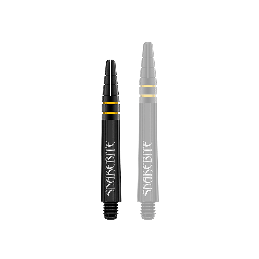C722_Red_Dragon_Nitrotech_Peter_Wright_Black_Gold_Shafts_36mm_1phoCzEEoHztjW Auf dem Bild sind zwei schwarze Dart-Schäfte mit goldenen Ringen zu sehen. Auf den Schäften steht das Wort "Snakebite" in weißer Schrift.