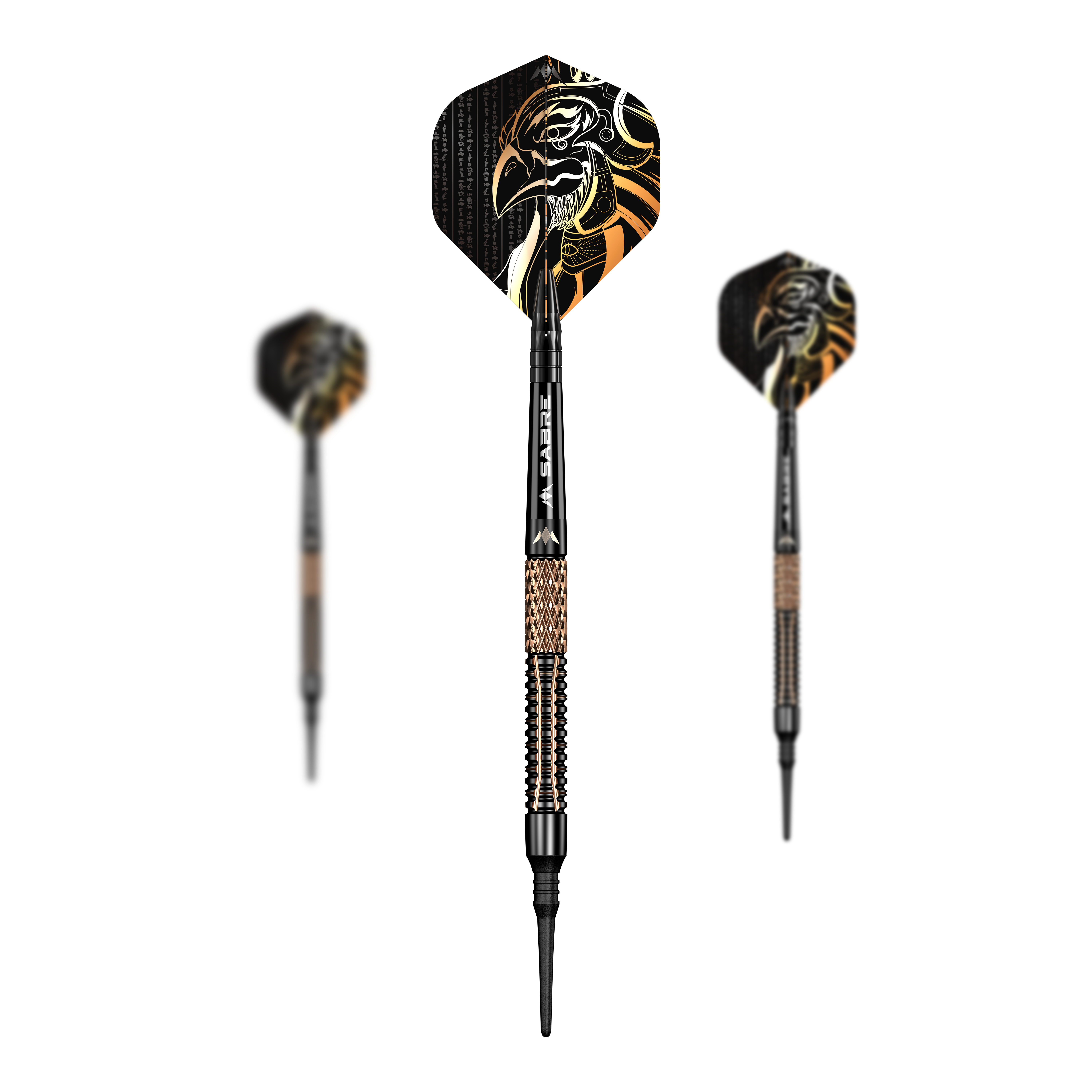 Fléchettes souples Mission Horus - 19 g Das Bild zeigt drei Softdarts des Modells „Mission Horus Softdarts - 19g“. Die Flights sind mit einem auffälligen, gold-schwarzen Falkenmotiv gestaltet.