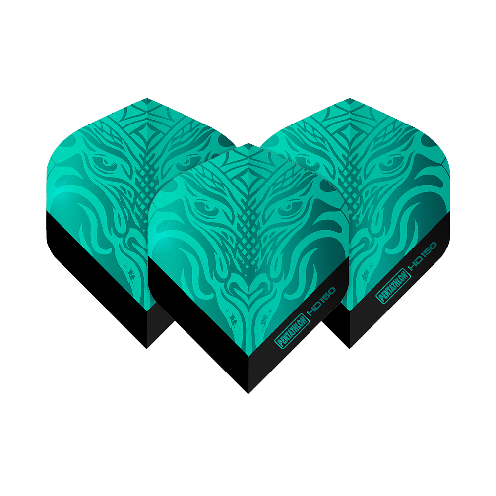 Vols standard Pentathlon HD150 Metallic Aqua Das Bild zeigt drei Dart-Flights des Produkts "Pentathlon HD150 Metallic Aqua Standard Flights". Sie sind in einer metallic-aqua Farbe mit einem auffälligen Muster gestaltet.