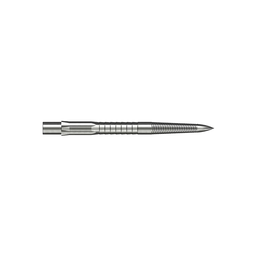 Pointes de fléchettes en acier Caliburn System - Micro Grip - Argent Das Bild zeigt eine silberne Steeldartspitze mit feinem Mikrorillen-Grip. Die Spitze ist gerade und hat eine Länge von 28 mm.